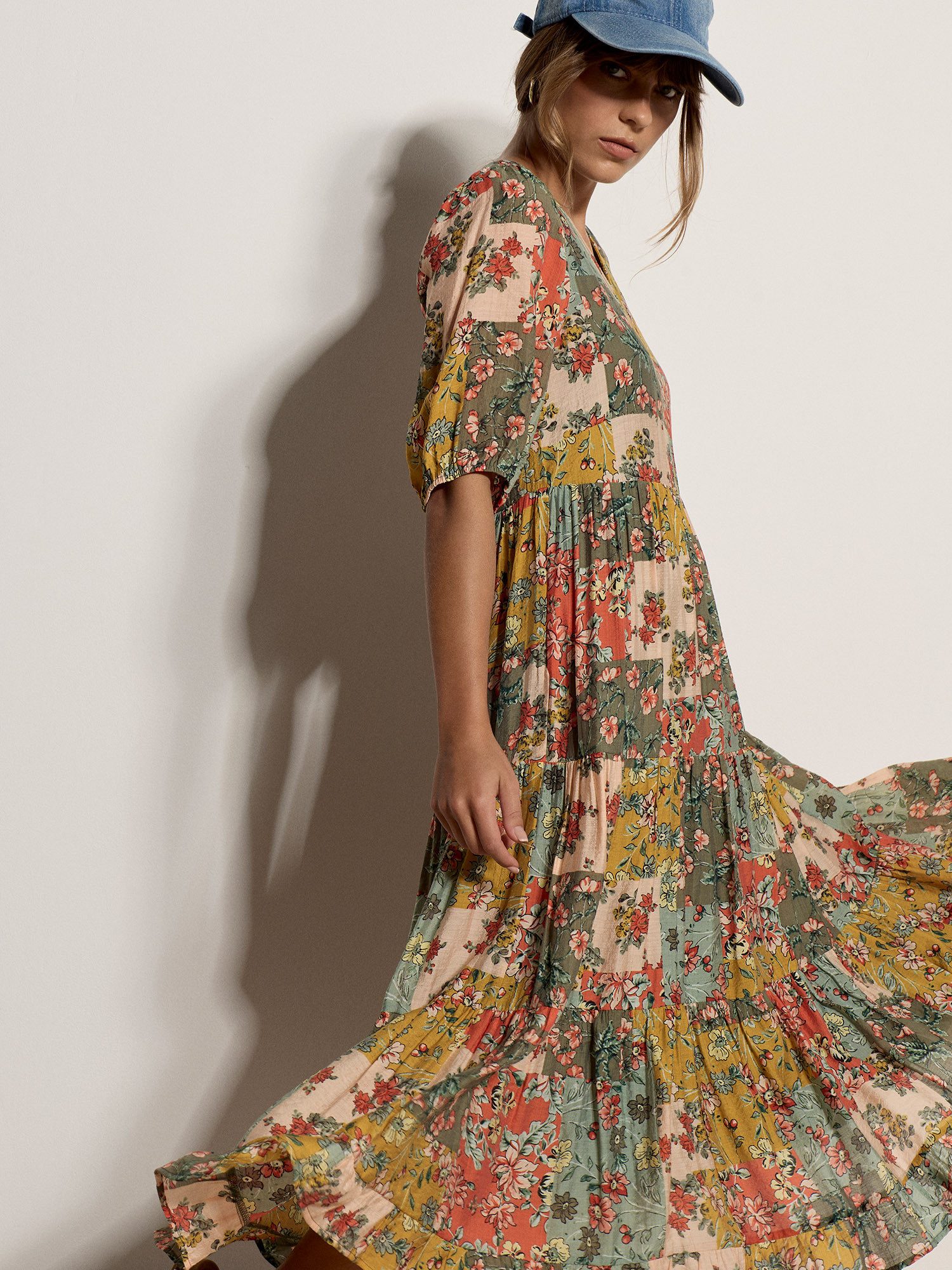 Apricot Midikleid Patchworkkleid mit Stufenrock