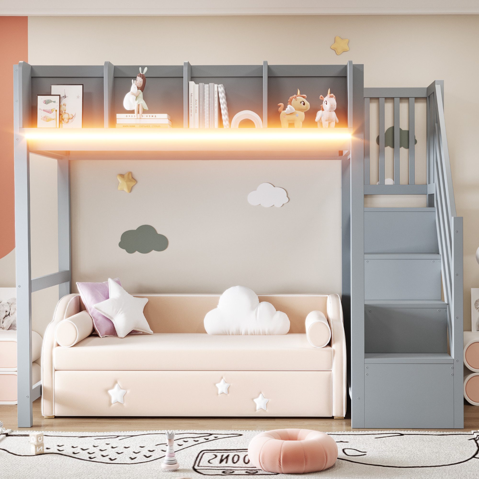 Celya Hochbett Mit Sicherheitsgitter, Ablage und LED-Beleuchtung (ohne Matratze, Mit Aufsteigeleiter, Offenem Stauraum unter dem Bett) ideal für Kinder- und Jugendzimmer