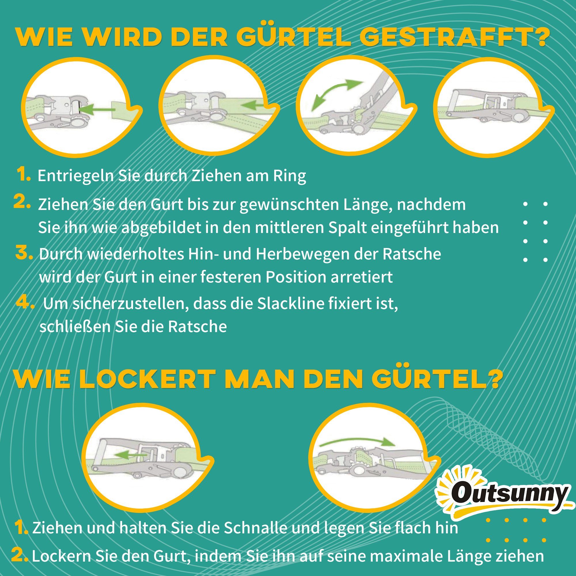 Outsunny Slackline 10 m Seil mit Hindernissen, für Garten, Balkon, Blau+Schwarz+Rot