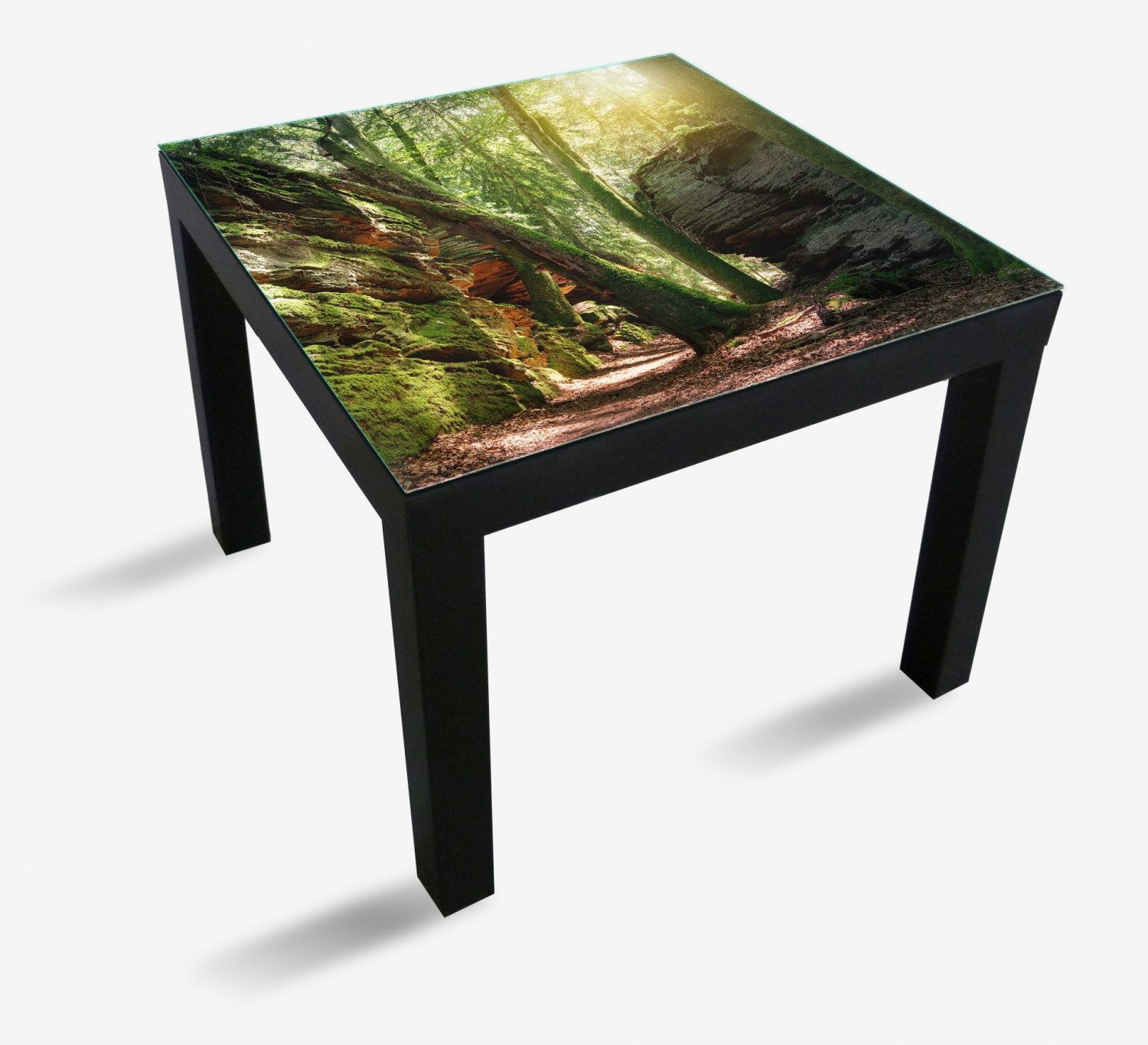Wallario Tischplatte Moosbewachsener Waldpfad im Sonnenlicht (1 St), für Ikea Lack Tisch geeignet