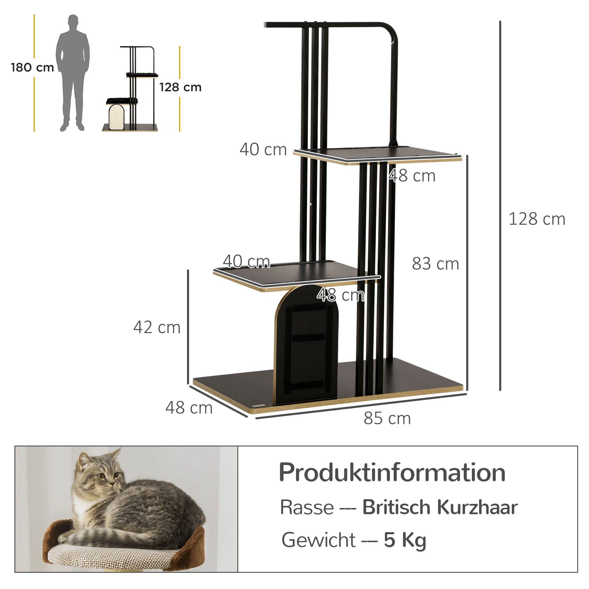 PawHut Kratzbaum Katzenkratzbaum mit 2 Plattformen, Stahl, Schwarz, Stahl, Schwarz, 48 x 85 x 128 cm