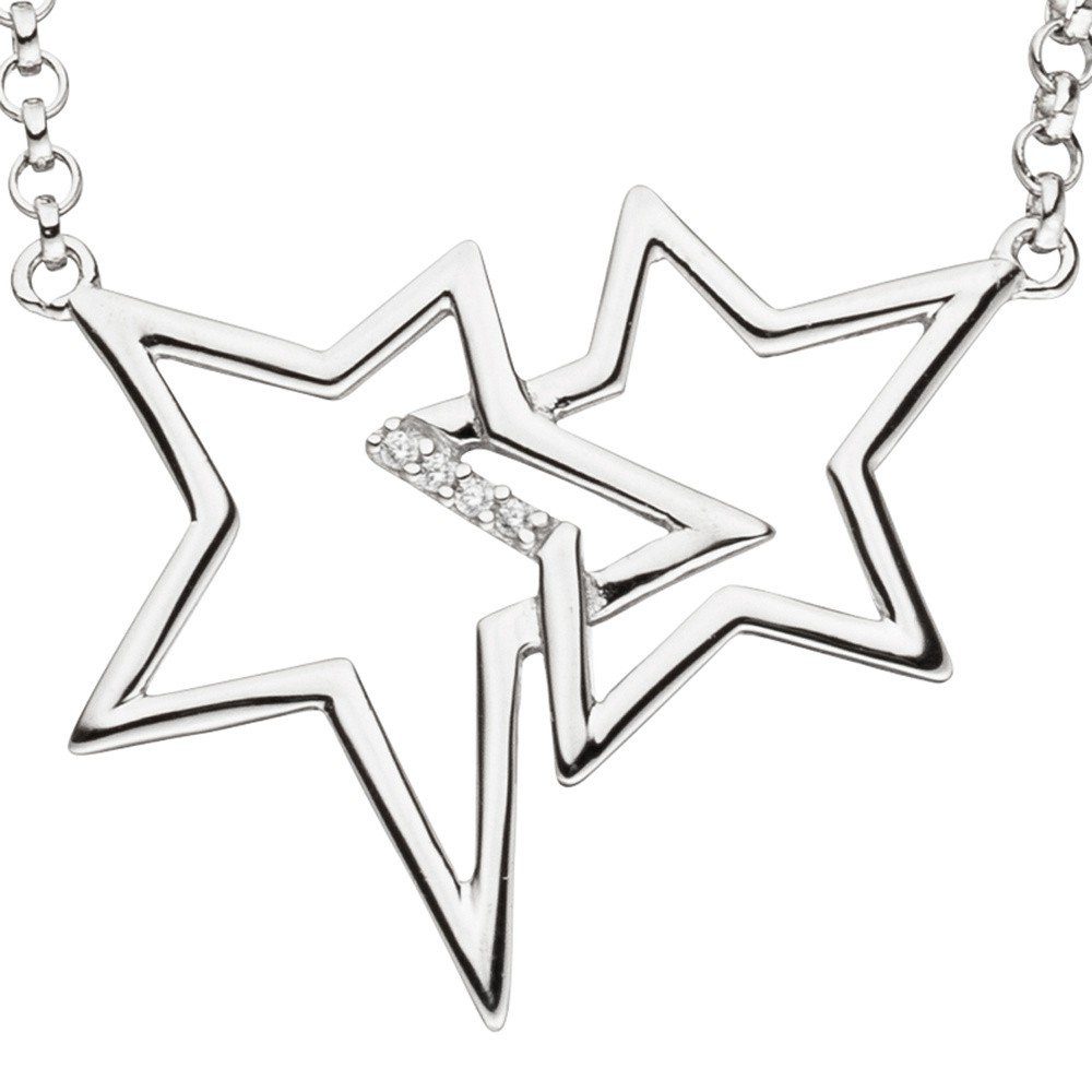 Silberkette Collier zwei Sterne mit Zirkonia, 925 Silber, 45cm