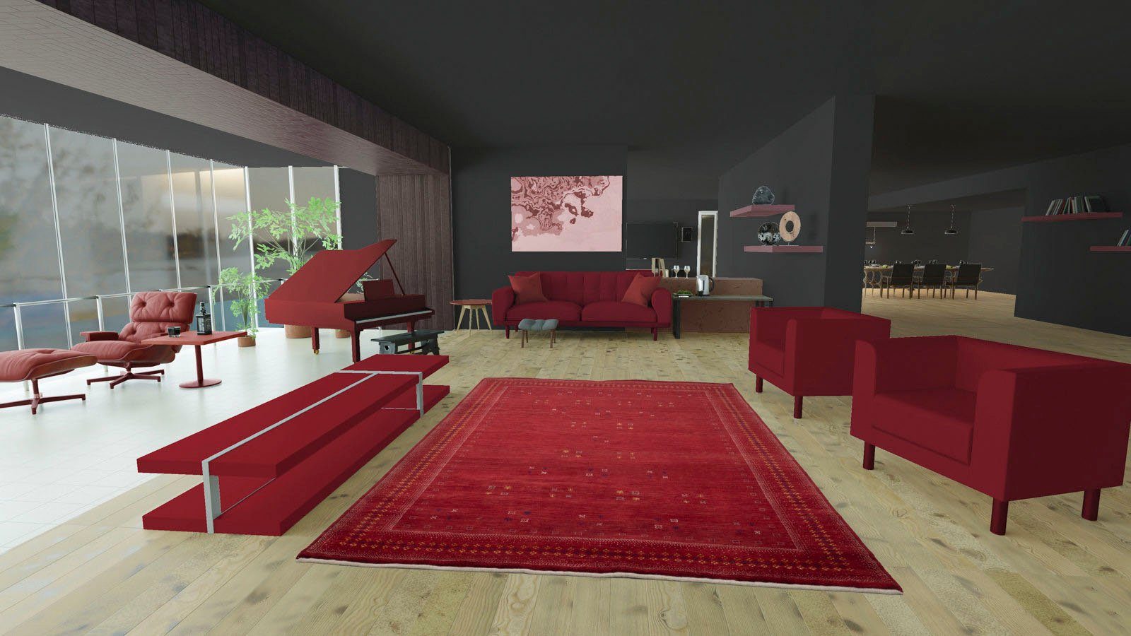 rot Handgeknüpft, 18 reine Luxus, rechteckig, CROCO, Wohnzimmer Höhe: LORIBAFT fein Wollteppich morgenland, mm, Wolle,