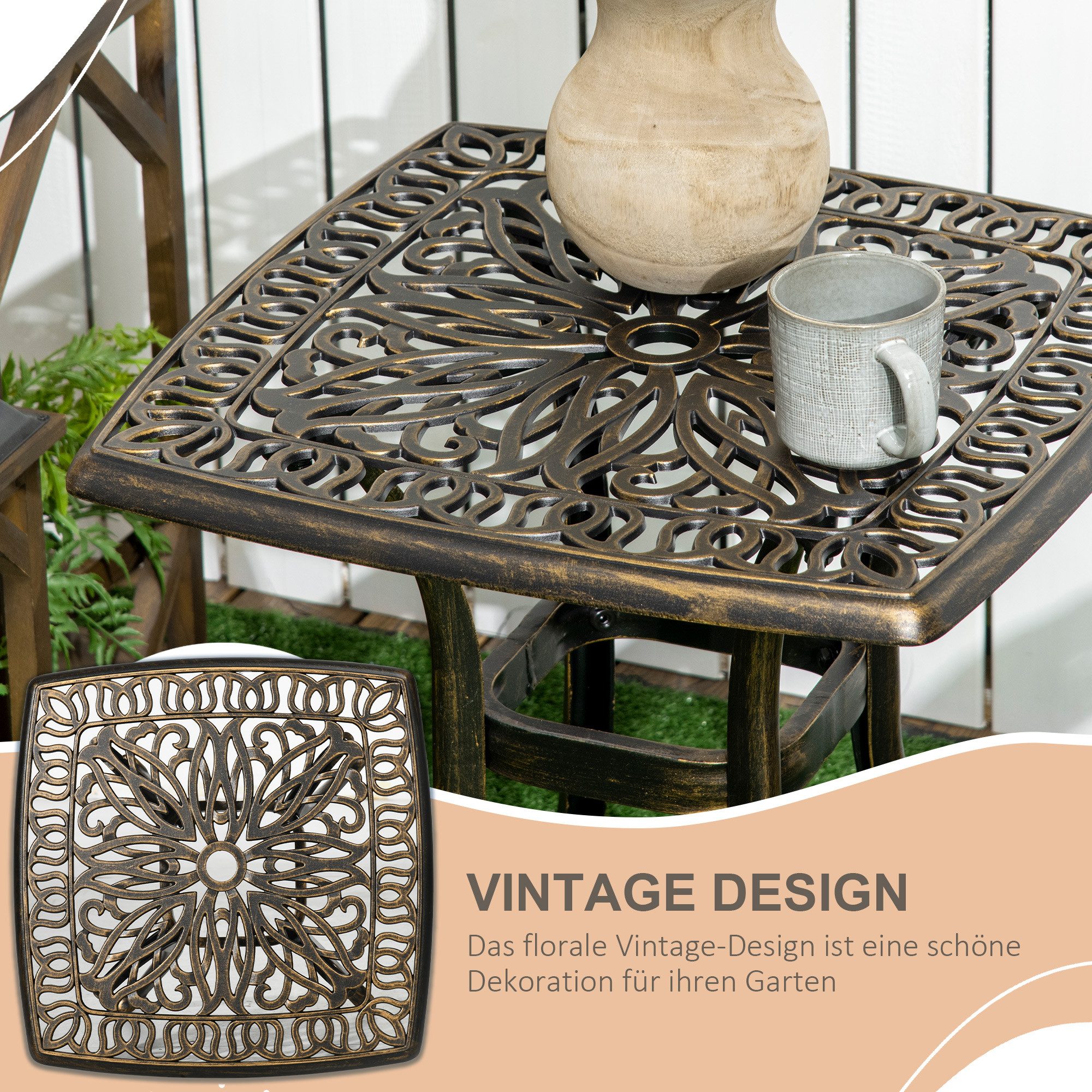 CHICFURN Gartentisch Beistelltisch mit Schirmloch, Aluminiumrahmen in Bronze (Packung, 1-St., Terrassentisch für Balkon, Terrasse und Außenbereich), 54 x 54 x 52,5 cm, stabile Ausführung