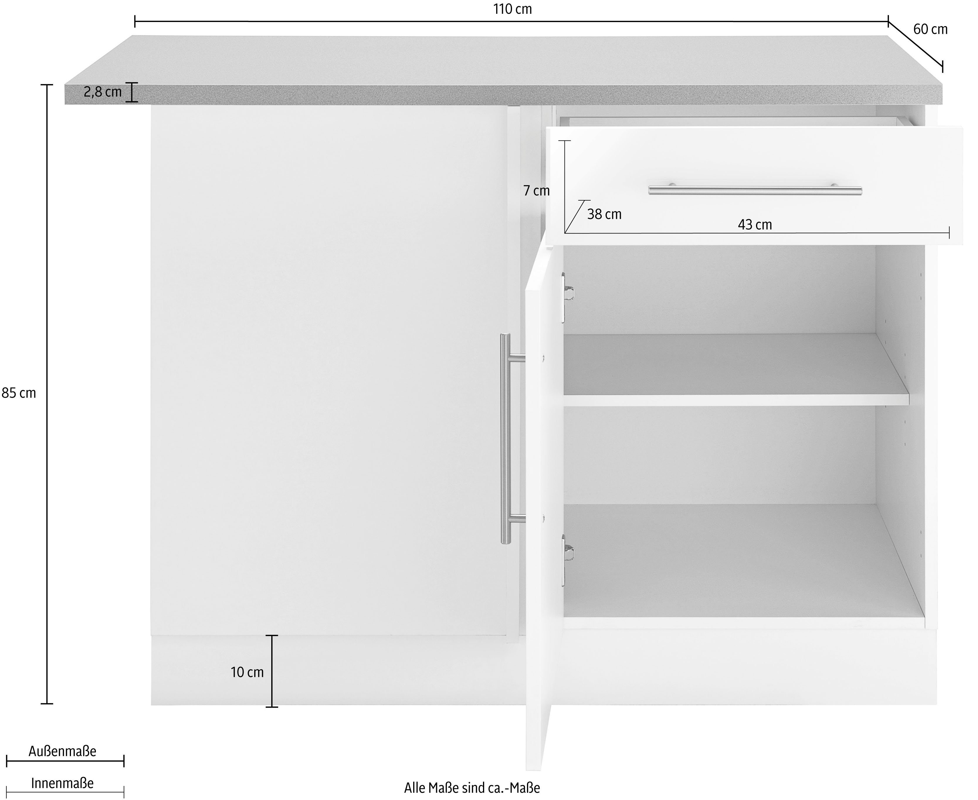wiho Küchen Eckunterschrank Sonoma cm 110 Weiß Eichefarben matt, Korpus Arbeitsplatte: Front: Cali breit und | eichefarben