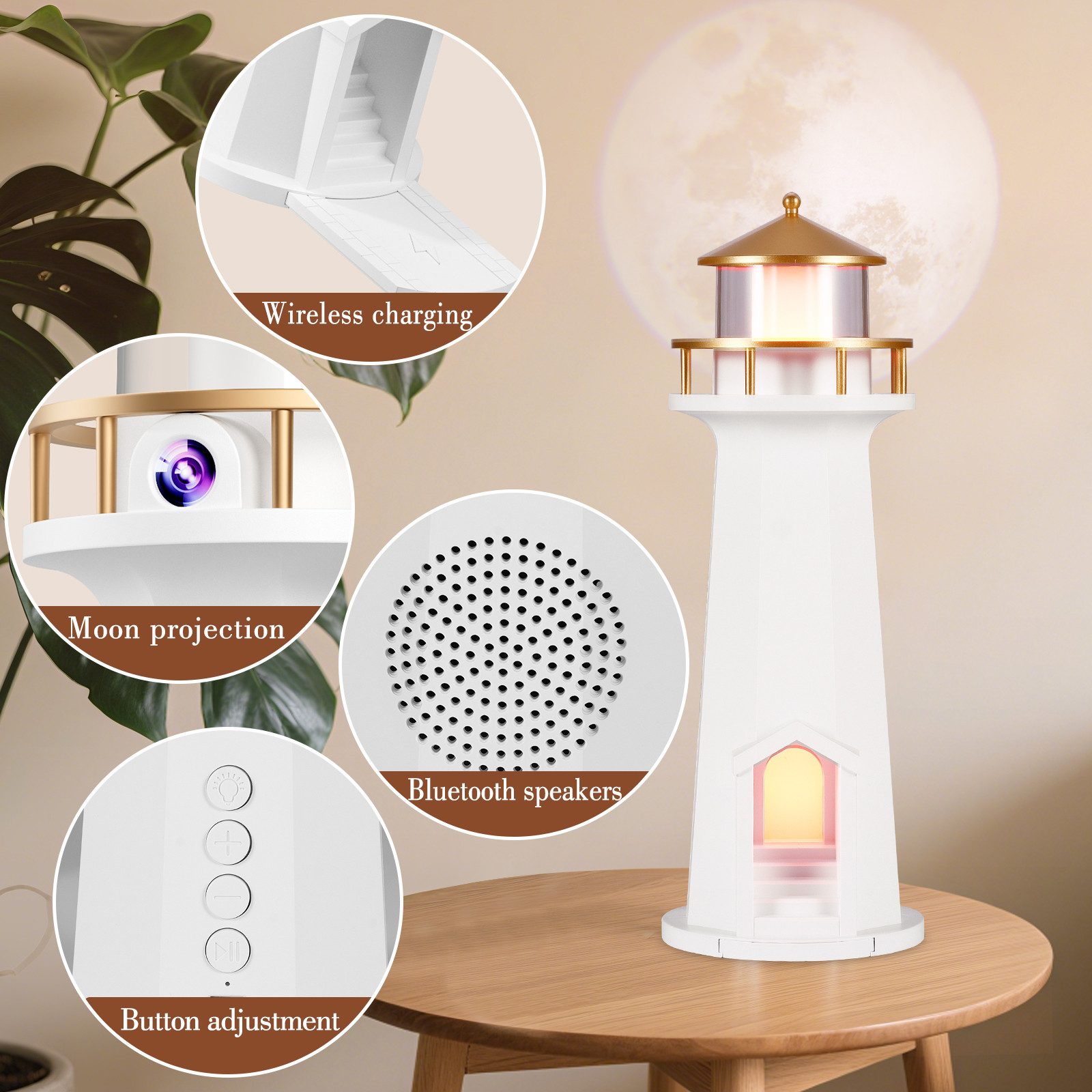 BlingBin Nachtlicht Leuchtturm Lampe, Projektion Leuchtturm Lampe, Tischleuchte, mit kabelloser Bluetooth-Ladefunktion, LED fest integriert, RGB, Kabelloses Laden von Mobiltelefonen, Musik Bluetooth