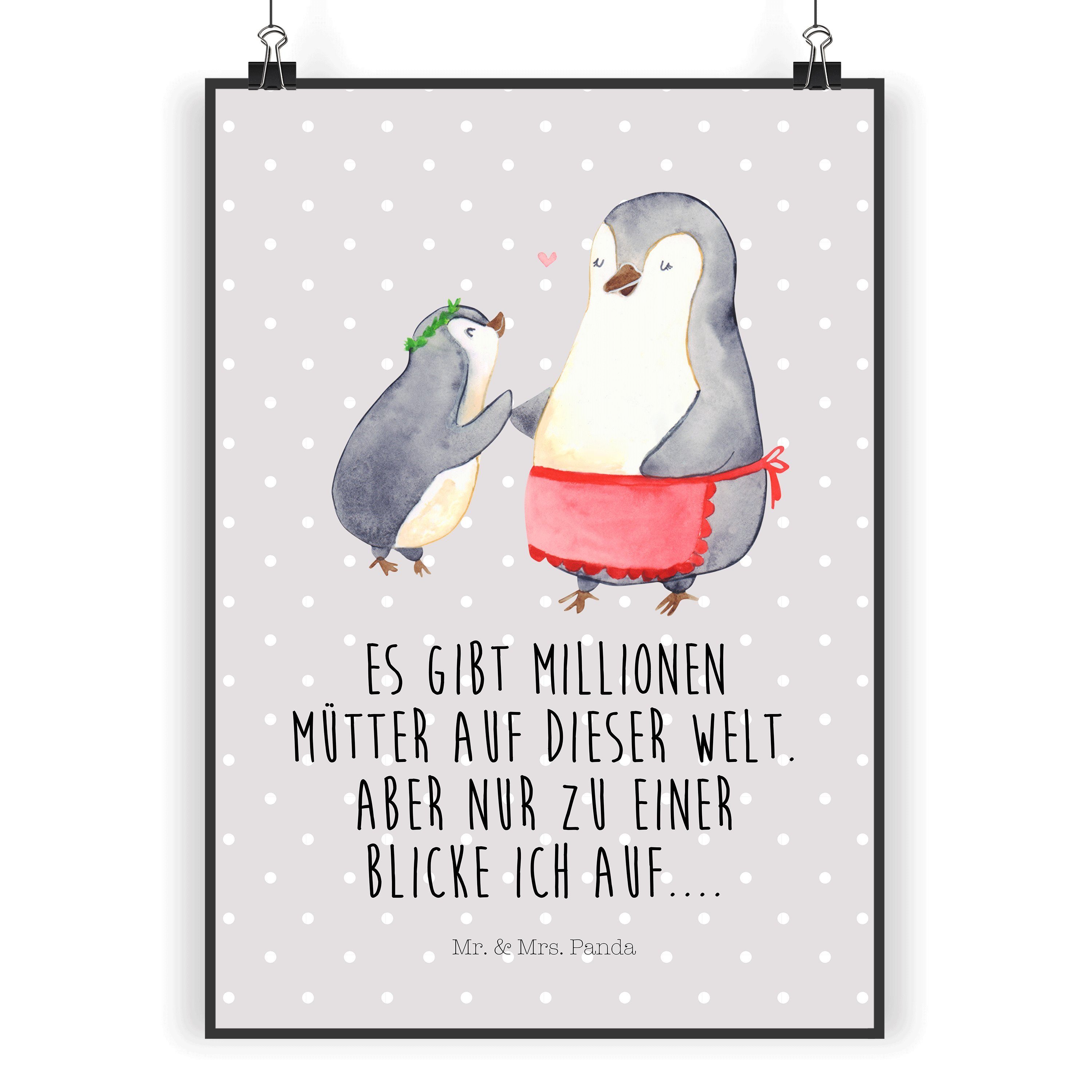 Mr. & Mrs. Panda Poster DIN A5 Pinguin mit Kind - Grau Pastell - Geschenk,  Wanddeko, Küchenpo, Pinguin mit Kind (1 St)