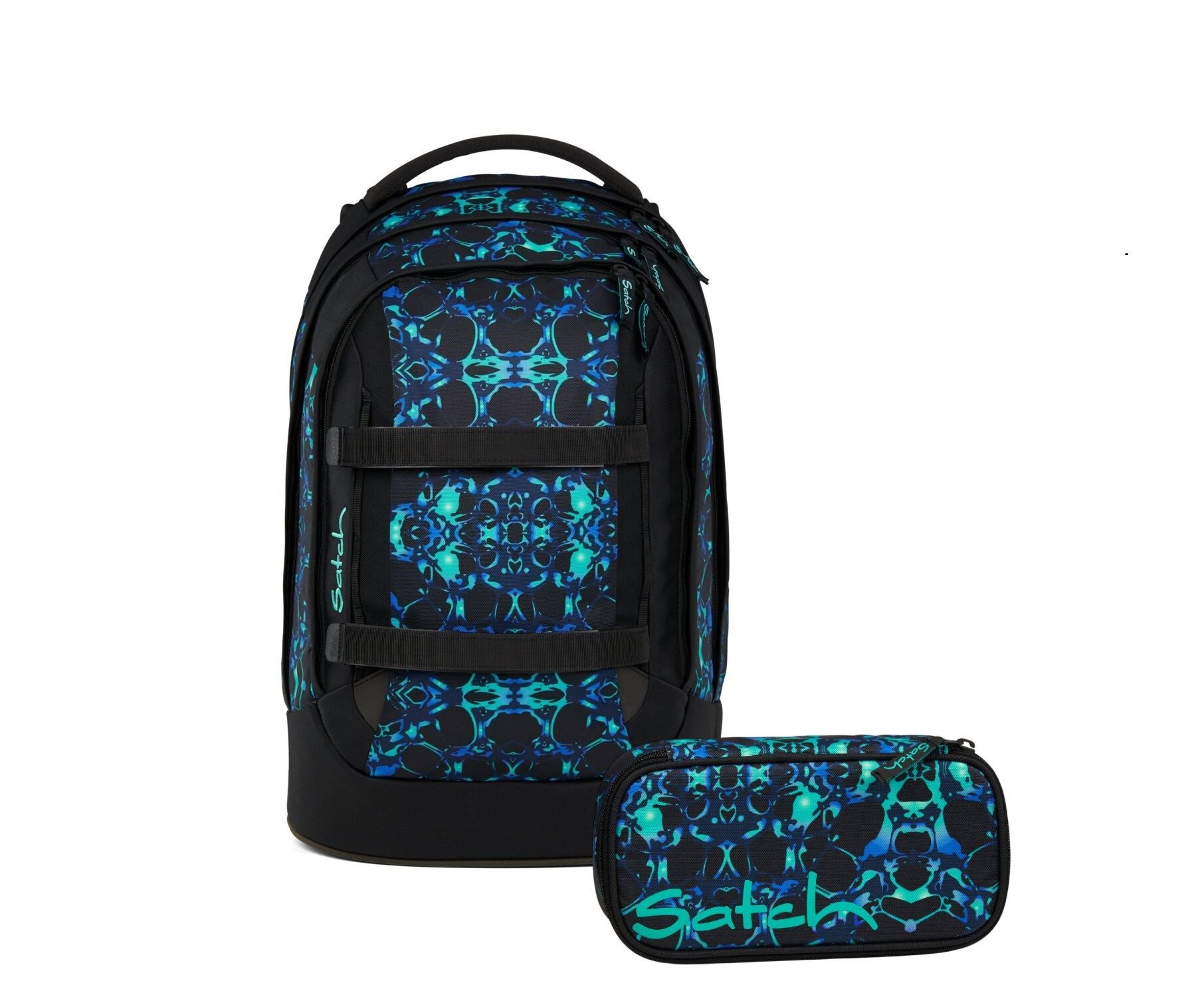 Satch Schulranzen Schulrucksack-Set PACK Caleido Blue 2-teilig (2-teilig), ergonomisch, Your-Size-System: auf Körpergröße anpassbar
