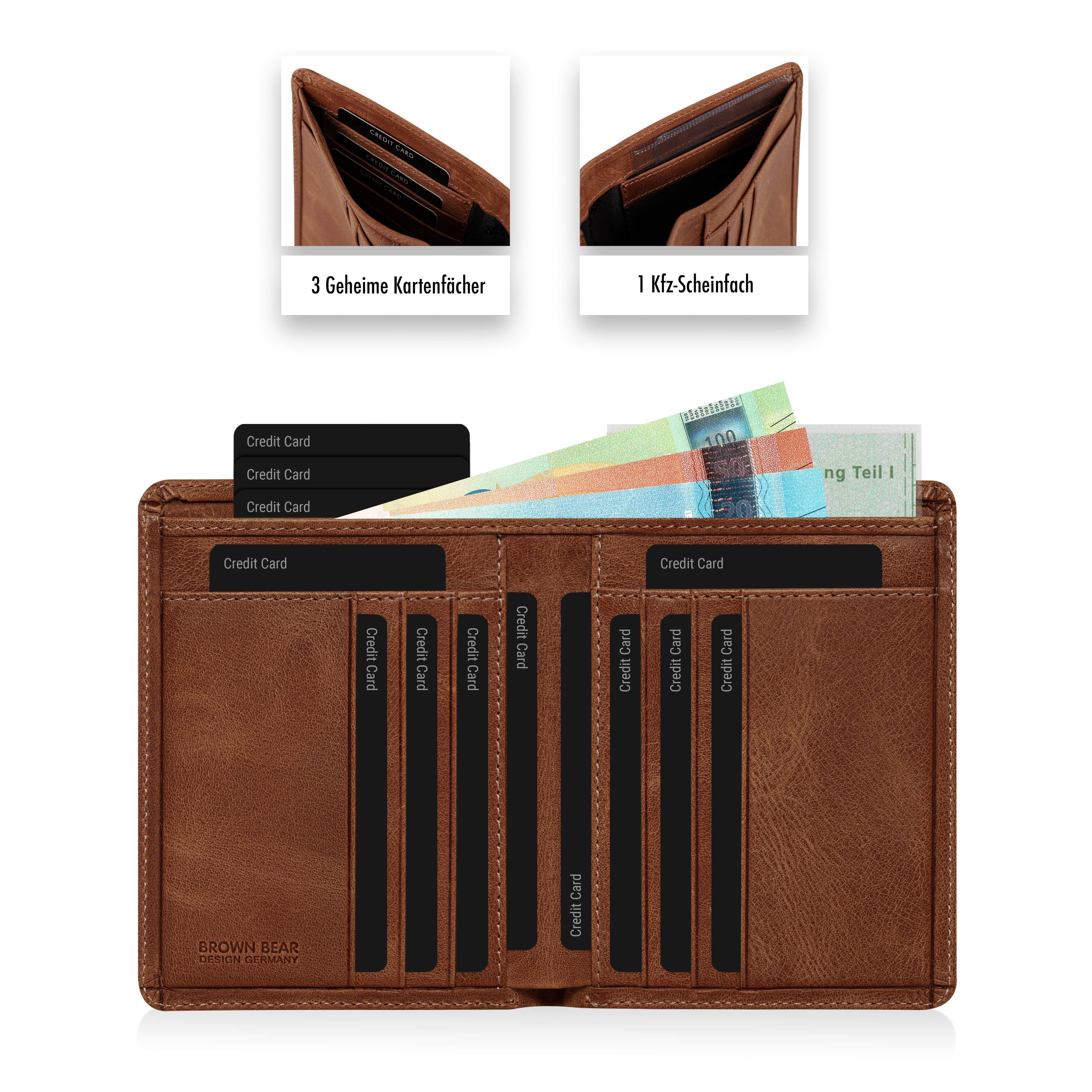 Brown Bear Geldbörse Classic 8015 mit 9 Kartenfächern und RFID-Schutz, aus Echtleder Farbe Braun-Vintage
