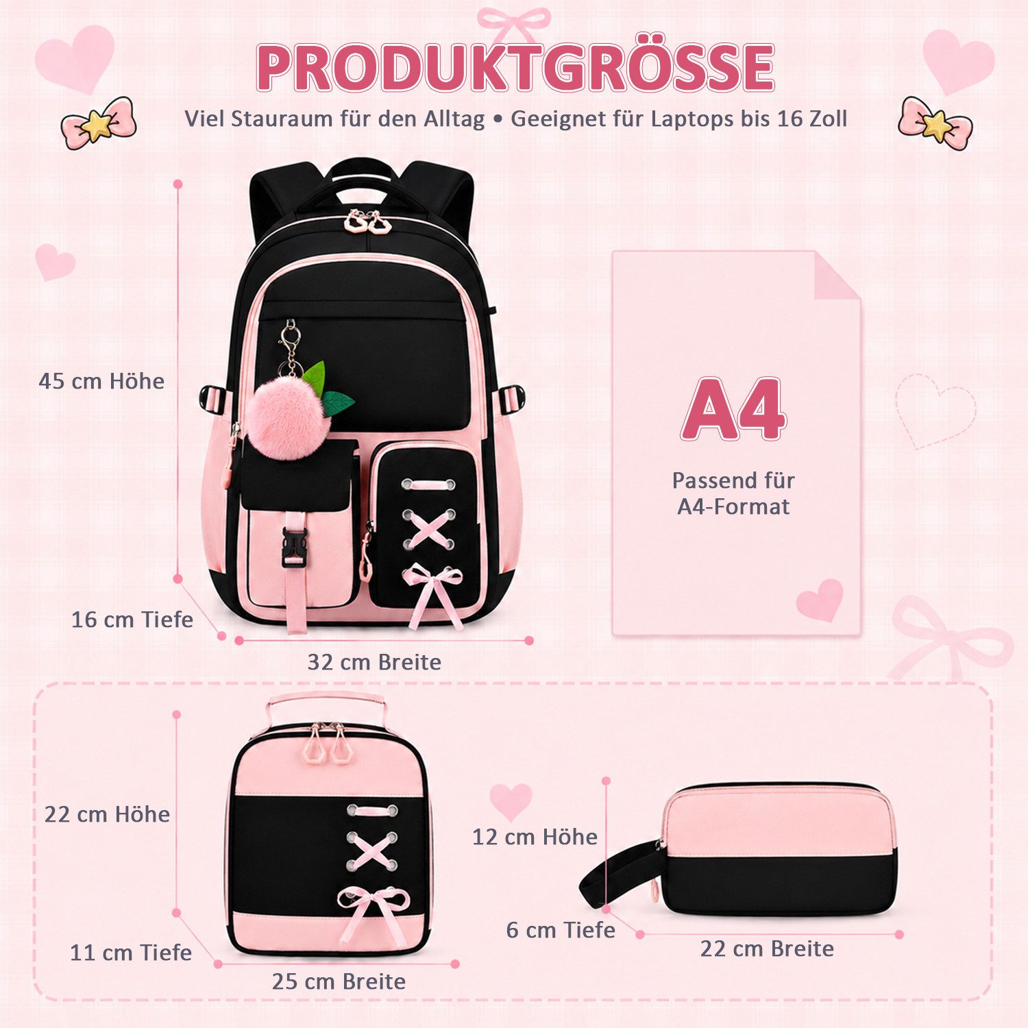 MOPUEA Schulrucksack Schulrucksack Set 3tlg Schulrucksack mit Lunchpaket und Mäppchen (Set, 3-tlg., Leicht Schulrucksack Teenager für Schule, Reisen und Freizei – Bild 2 von 5