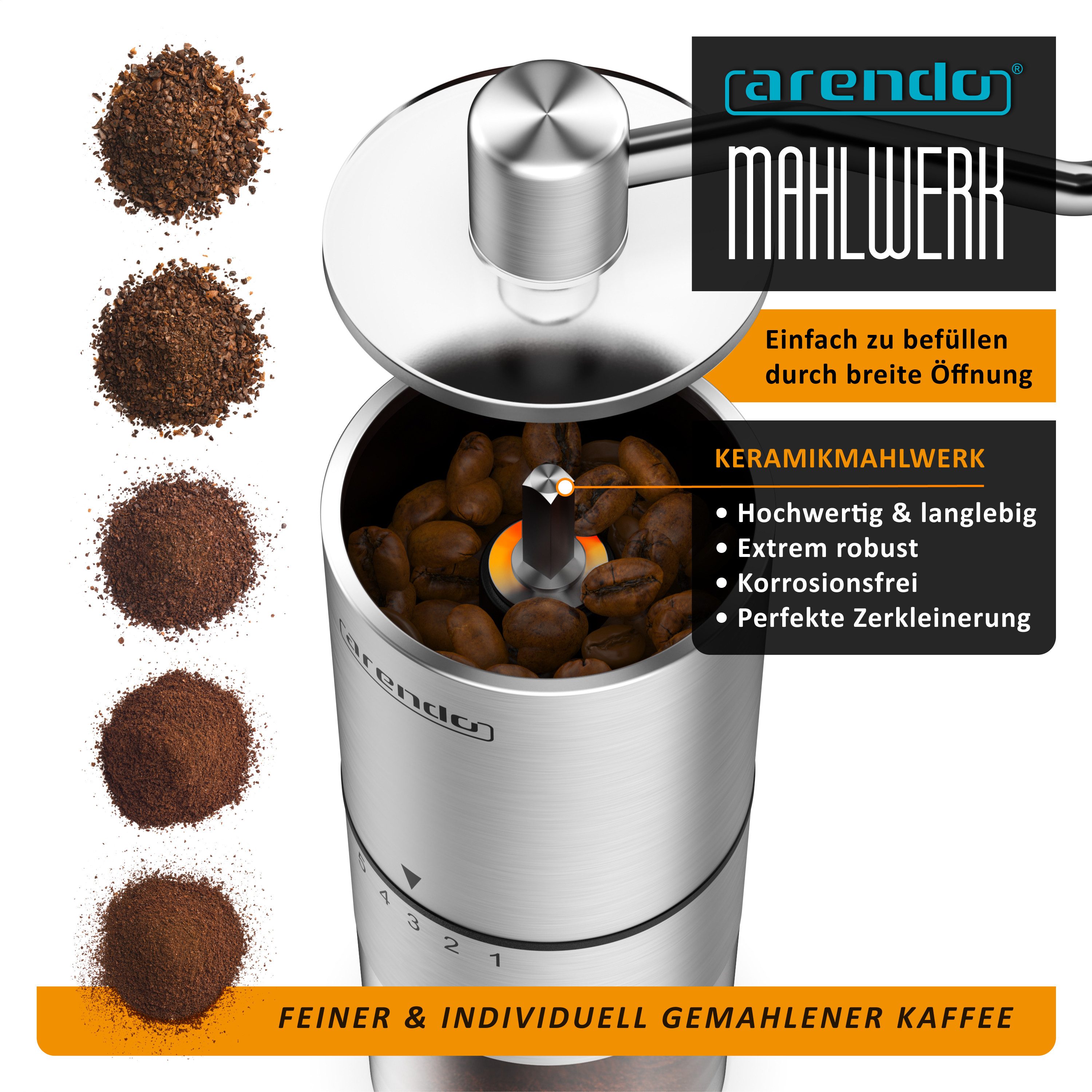 Arendo Kaffeemühle Manuelle Handmühle mit Keramik Kegelmahlwerk, 25g Bohnenbehälter, Kegelmahlwerk, 25 g Bohnenbehälter, Edelstahl, 5 Mahlgradstufen, kompakt, für Zuhause & unterwegs, Camping