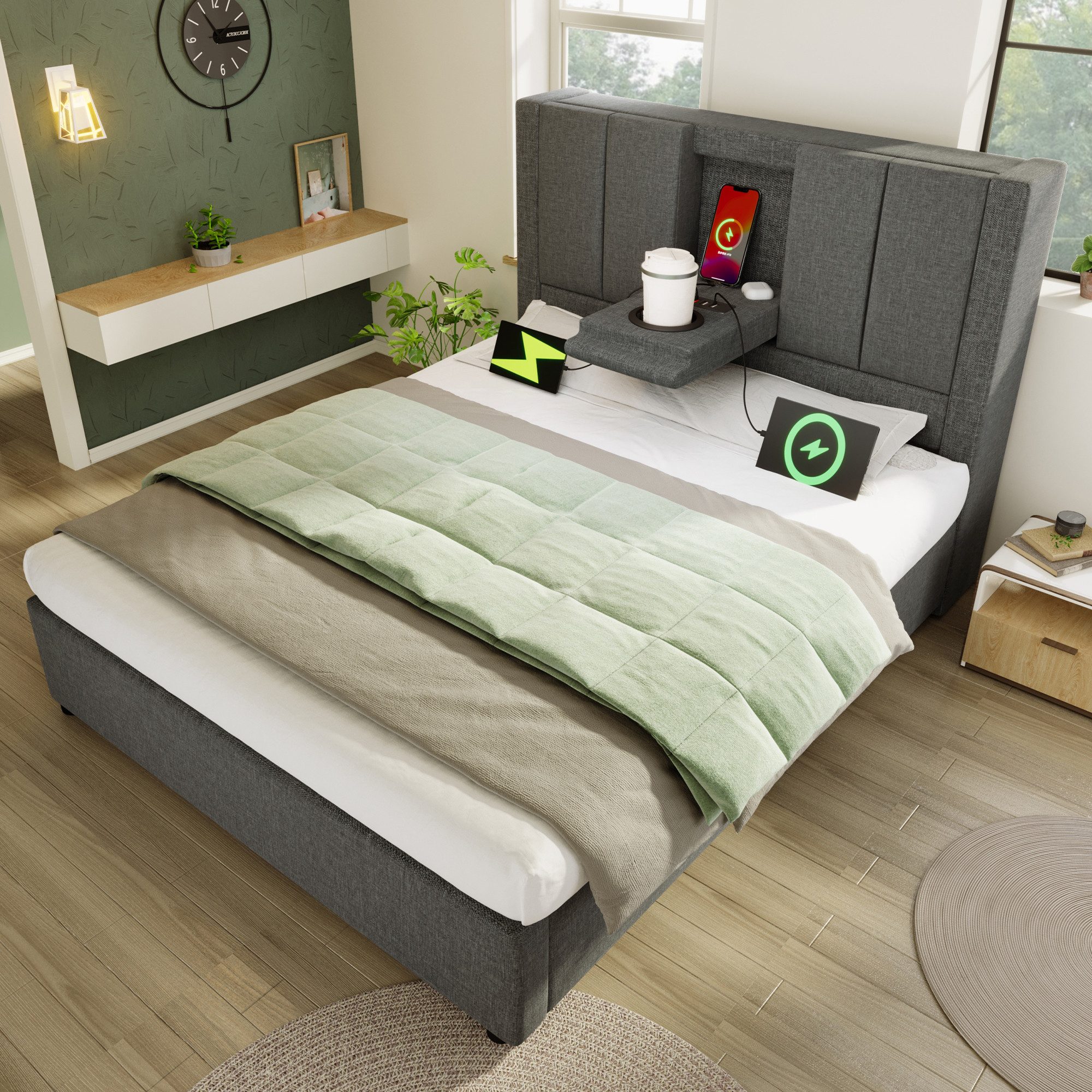 REDOM Polsterbett Polsterbett 90x200 cm mit Ladeanschluss und Stauraum (Struraumbett, Funktionsbett, Inkl. Lattenrost, Leinen Beige), mit verstecktem Becherhalter & Ladestation