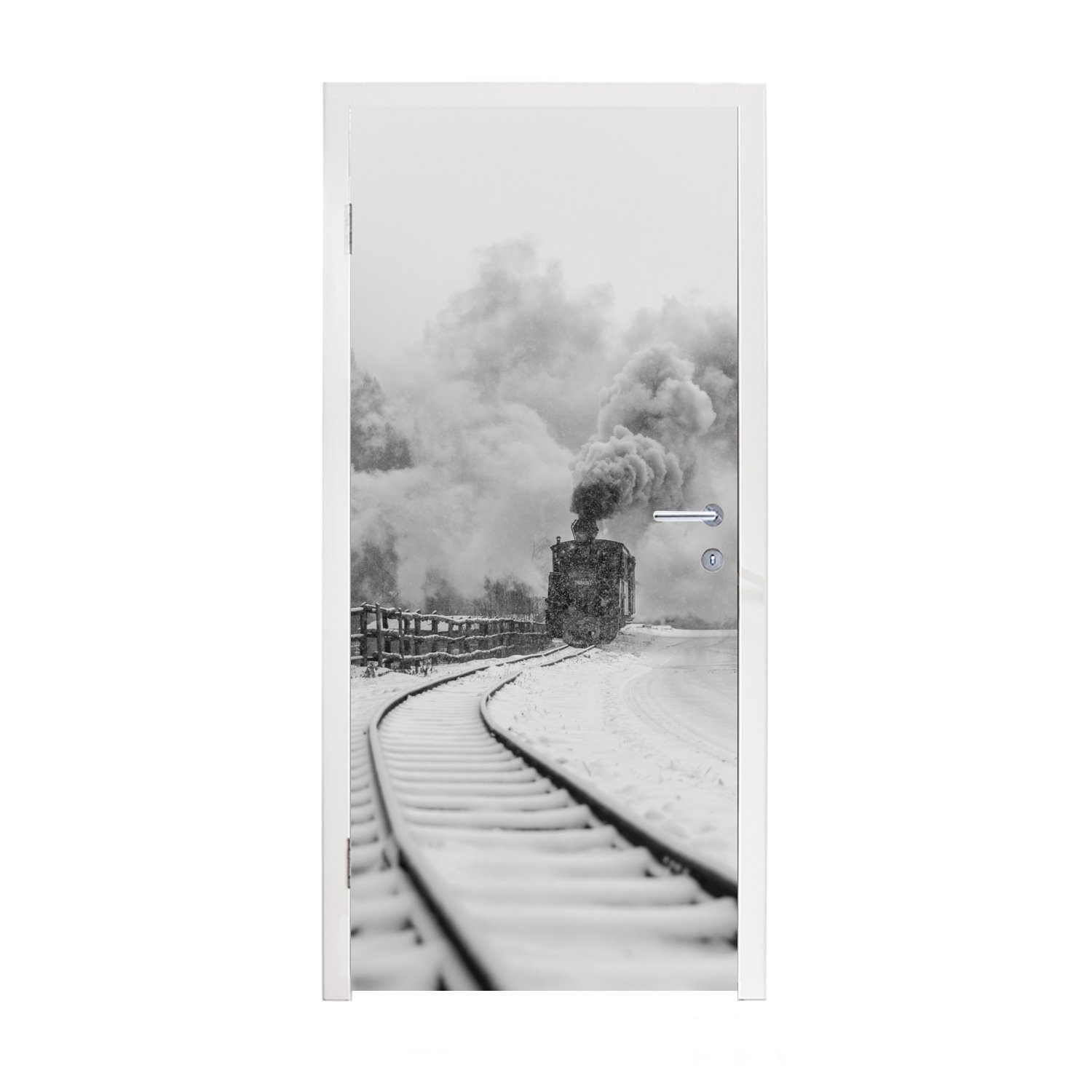 in (1 weiß, bedruckt, 75x205 für Türaufkleber, MuchoWow Matt, den Fototapete Türtapete cm und Vintage durch St), Tür, Schnee schwarz Zug