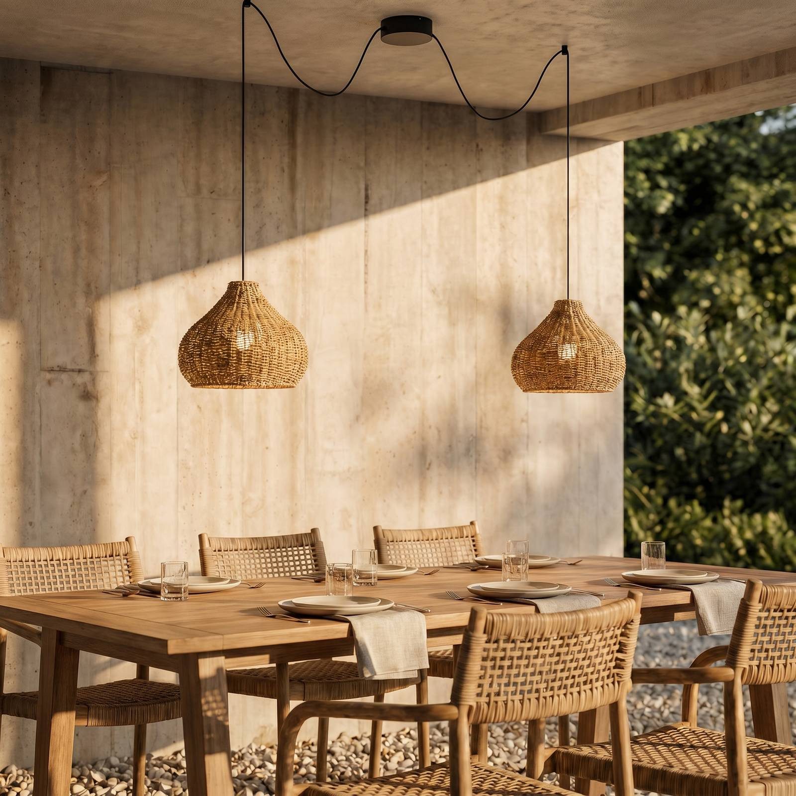 Lucande Hängeleuchten Taniola, Holz IP44, 2 x 15 W LED