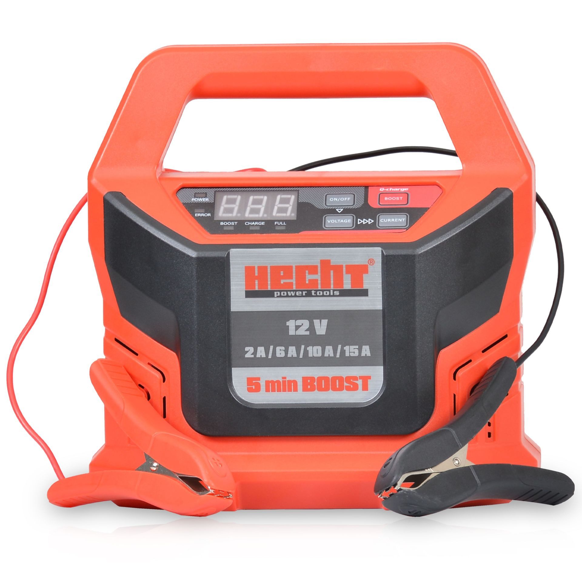 Hecht 2013 12V 15A mit BOOST Autobatterie KFZ Motorrad Wohnmobil Batterie-Ladegerät (LED-Display, IP23, 4 Ladestufen, Erhaltungsladung)