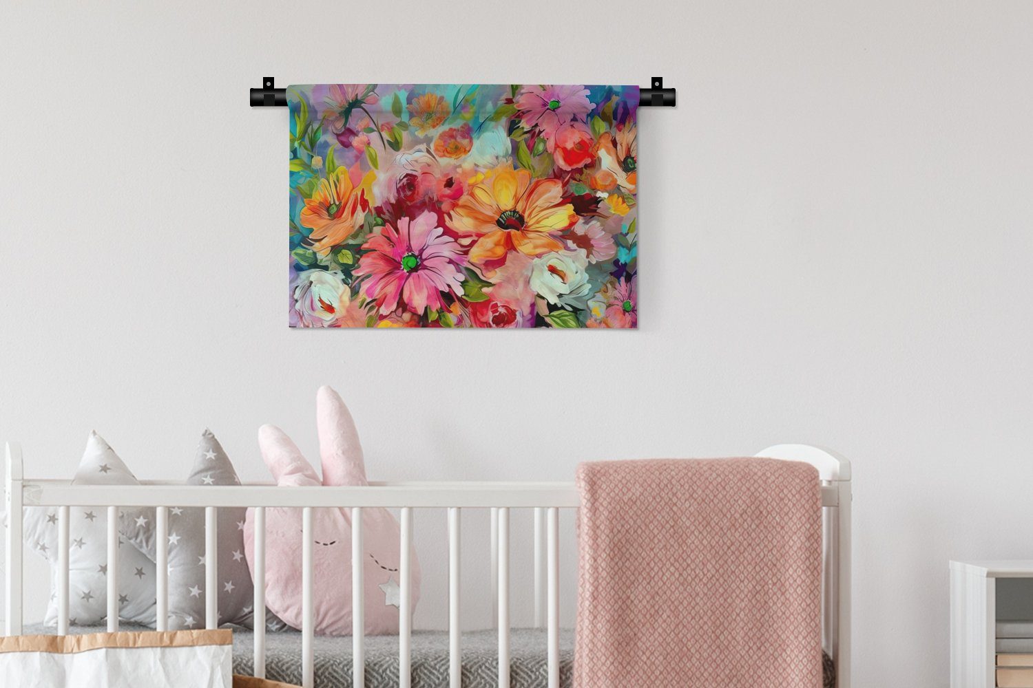Wanddekoobjekt Schlafzimmer, Wandbehang, Wohnzimmer, Wanddeko Blumen - für Ölgemälde, Kleid, MuchoWow Farbenfroh - - Kunst Kinderzimmer