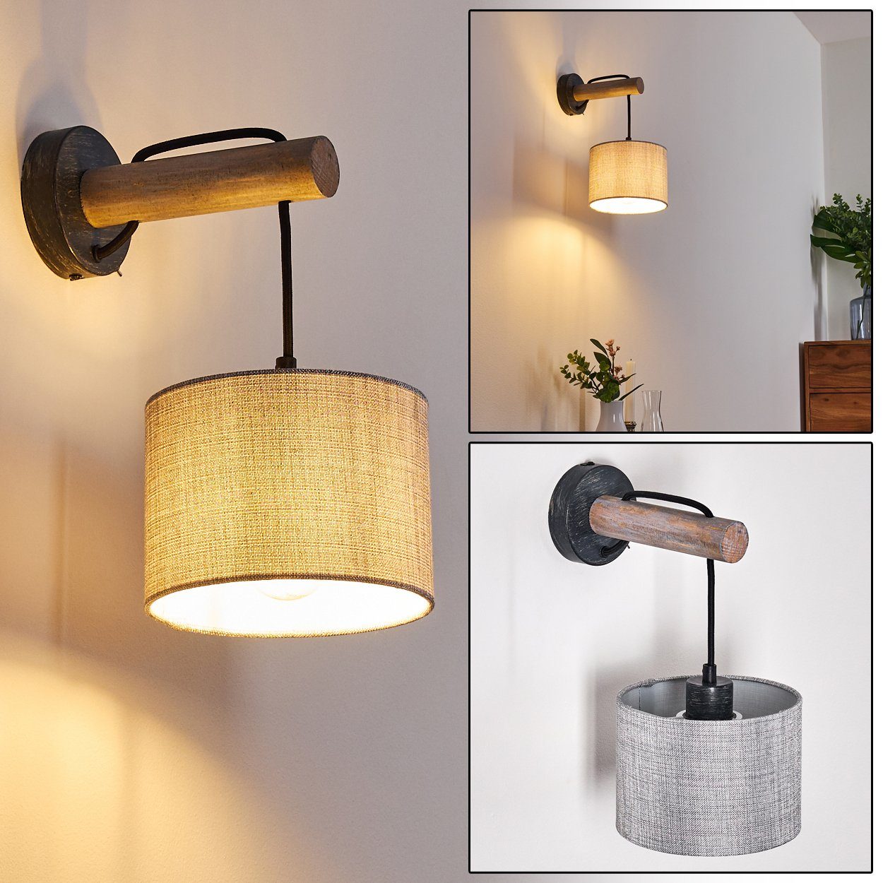 An-/ aus »Laives« Stoff-Schirm u. moderner am ohne Wandleuchte Wandspot Gehäuse Leuchtmittel, mit in Ausschalter hofstein Schwarz/Natur/Grau, Metall/Holz/Textil Wandlampe E27,