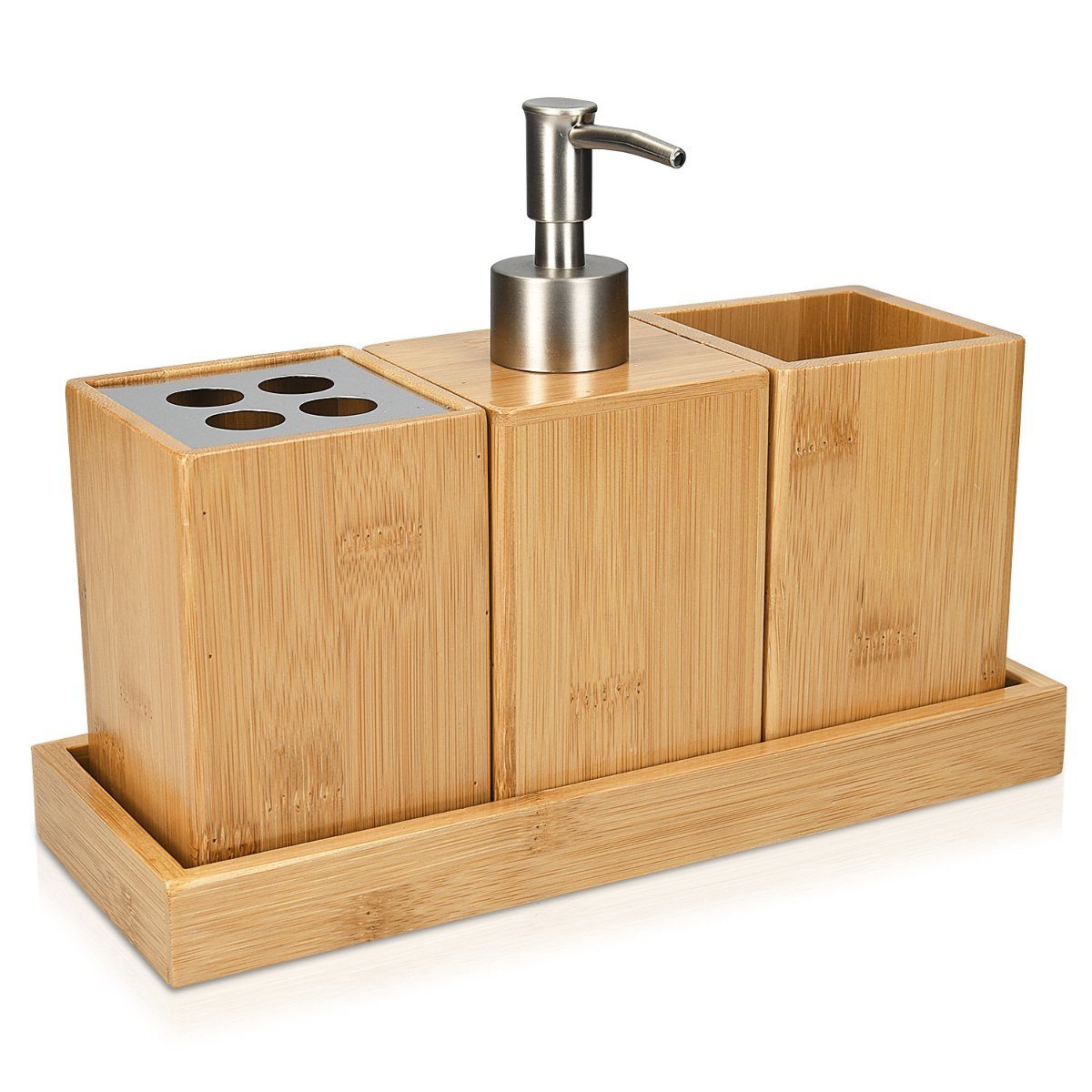 Badaccessoire-Set Bambus 4-teilig - Zahnputzbecher, Seifenspender, Becher, Ablage