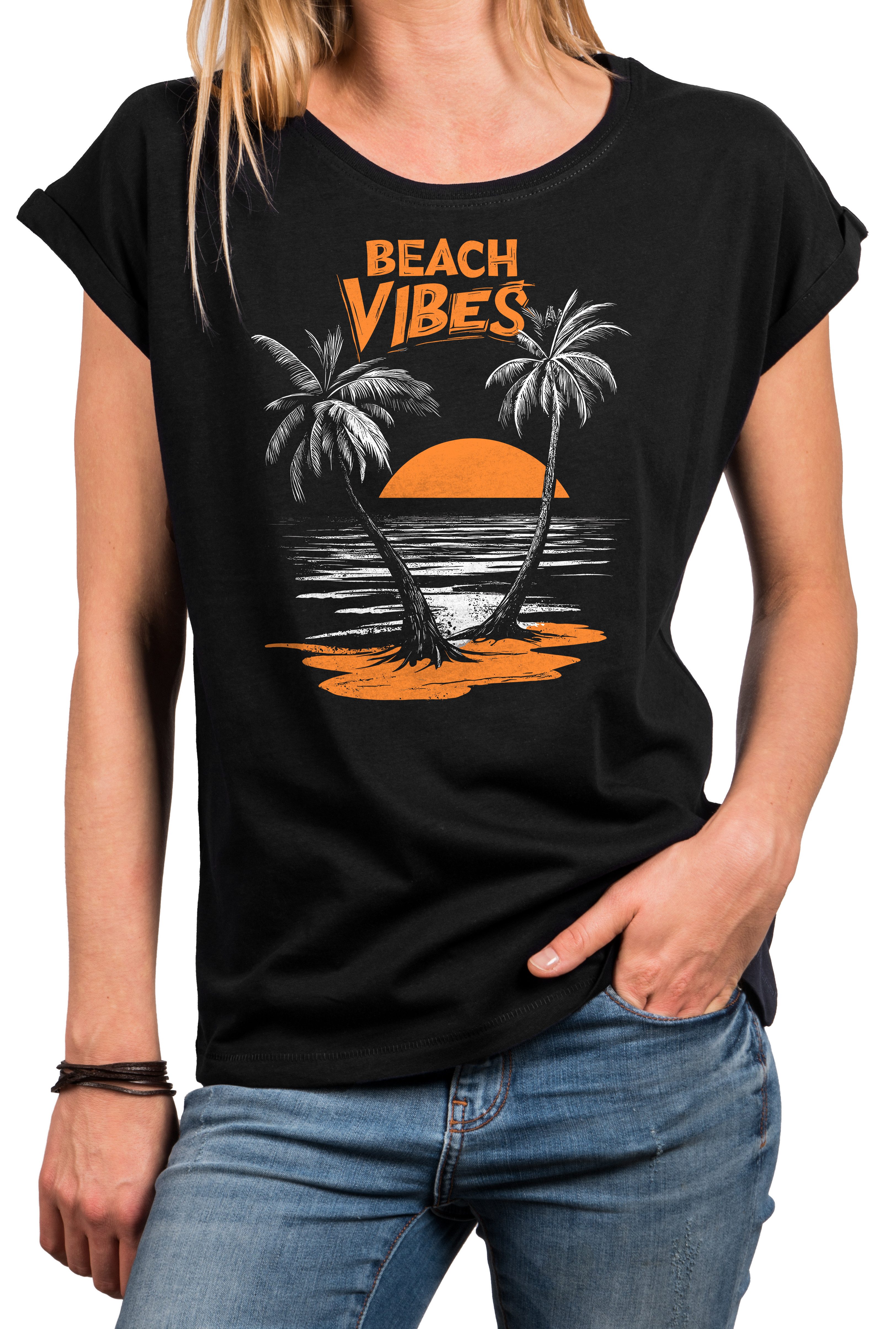 MAKAYA T-Shirt Vintage Damen-Top im Boho Stil – Palmen Sunset & Beachprint günstig online kaufen