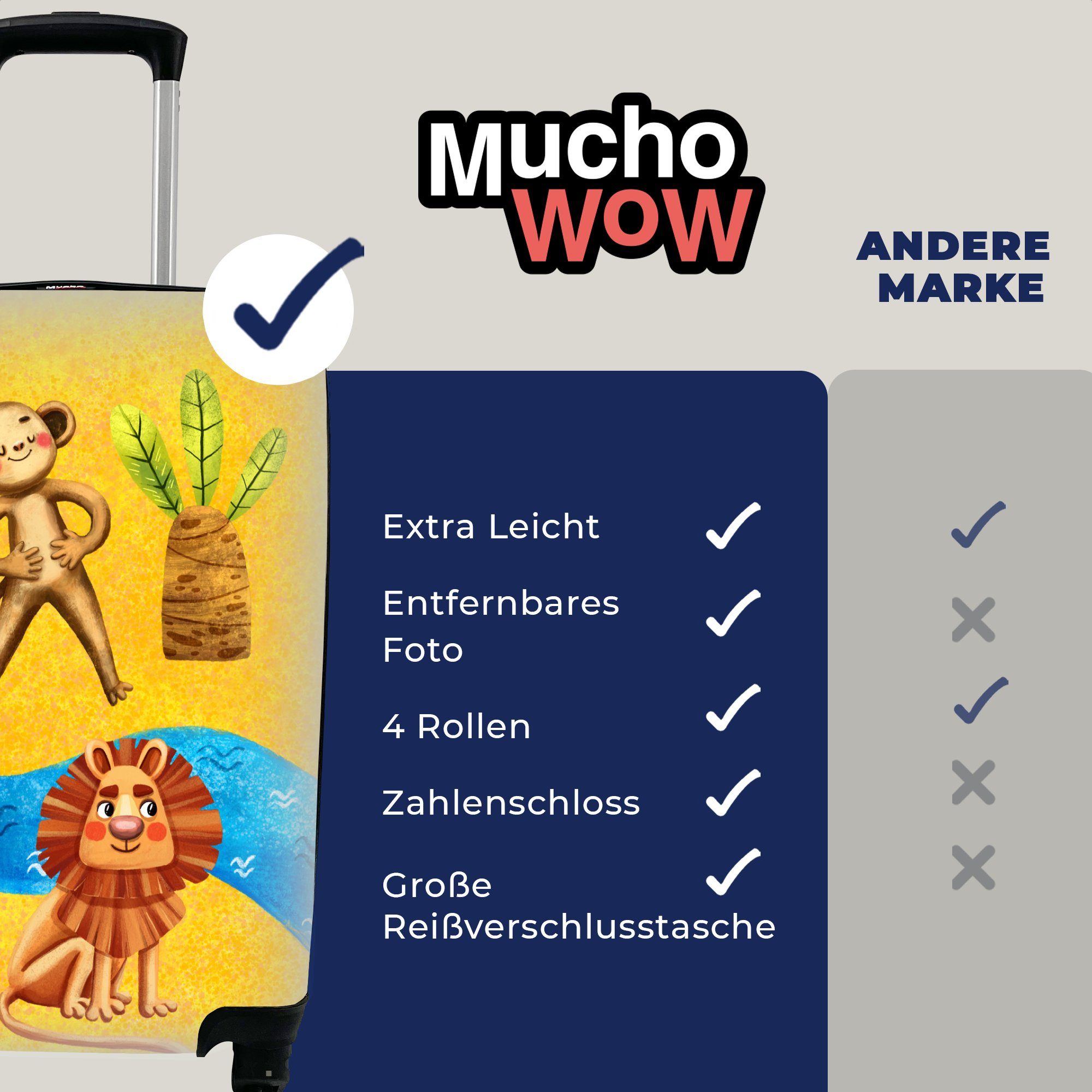 Handgepäckkoffer für Handgepäck MuchoWow Affe Trolley, mit - rollen, Ferien, Wasser, - Rollen, 4 Löwe Reisetasche Palme Reisekoffer -
