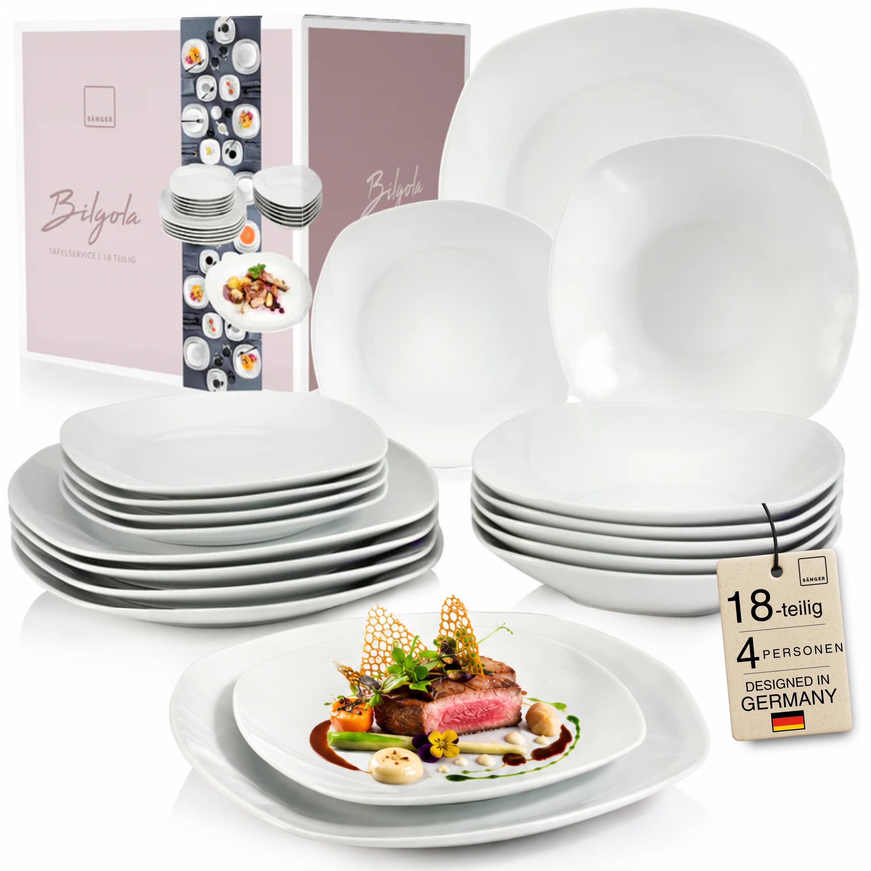 SÄNGER Tafelservice Bilgola Geschirrset, Weiß (18-tlg), 6 Personen, Porzellan, Premium Collection