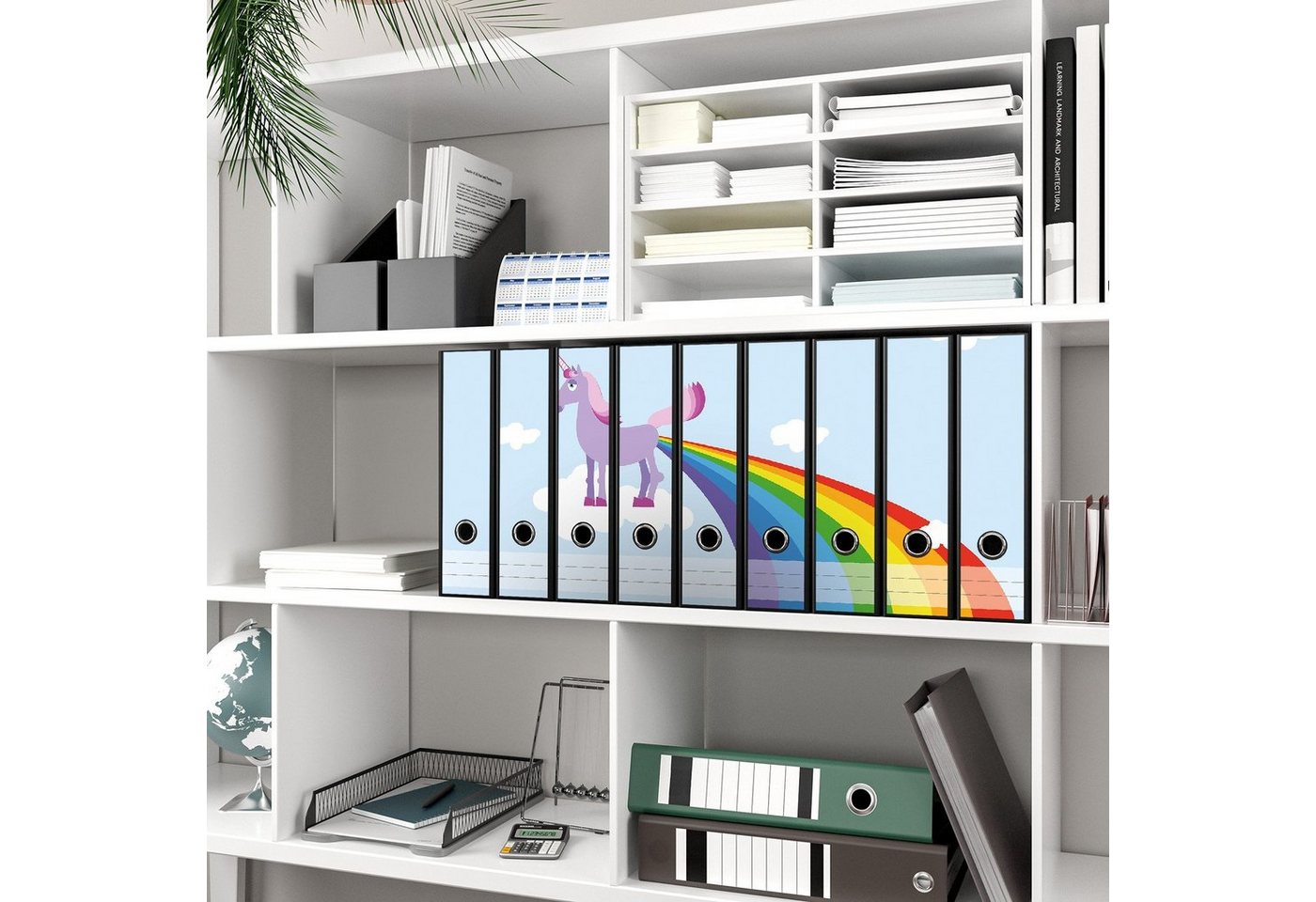 Thumbnail - Wallario Etiketten Einhorn mit Regenbogen aus dem Hintern, Ordnerrücken-Sticker in verschiedenen Ausführungen