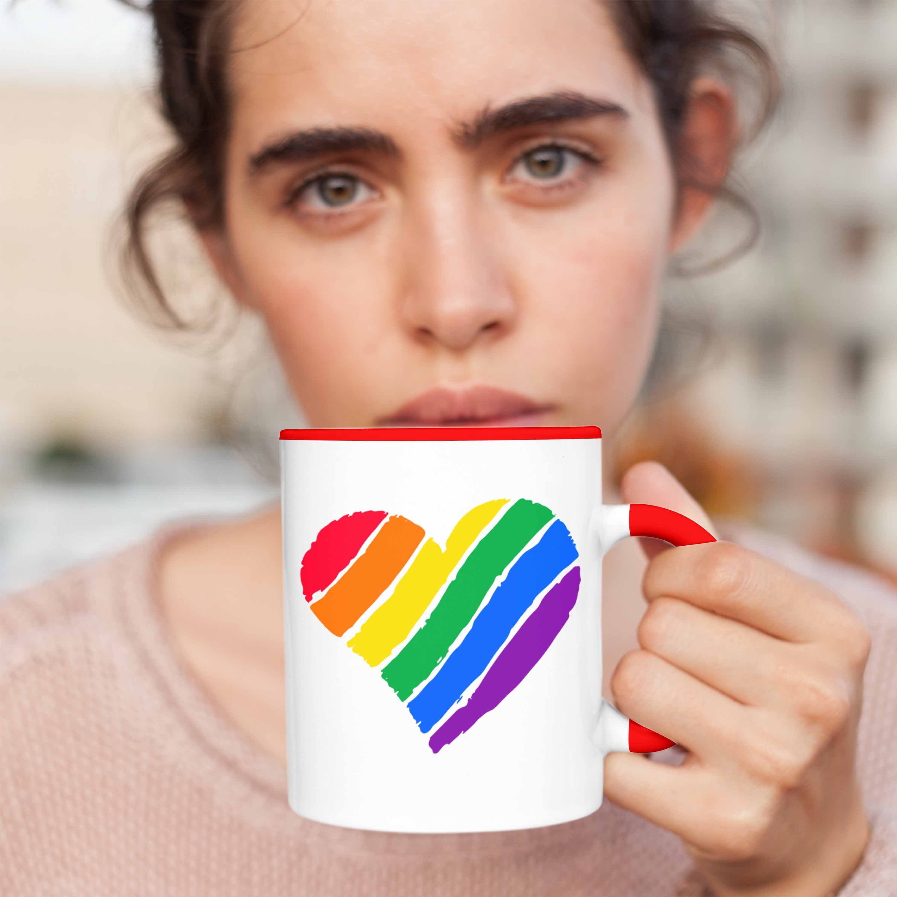 Trendation Tasse Trendation - Regenbogen Pride Herz Rot Transgender LGBT Grafik Tasse Schwule Geschenk Lesben