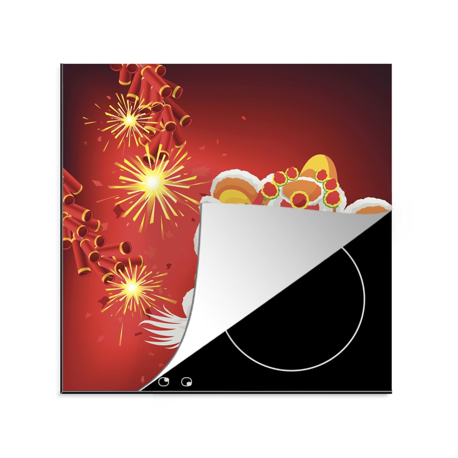 MuchoWow Herdblende-/Abdeckplatte Eine Illustration der Feierlichkeiten zum chinesischen Neujahrsfest, Vinyl, (1 tlg), 78x78 cm, Ceranfeldabdeckung, Arbeitsplatte für küche