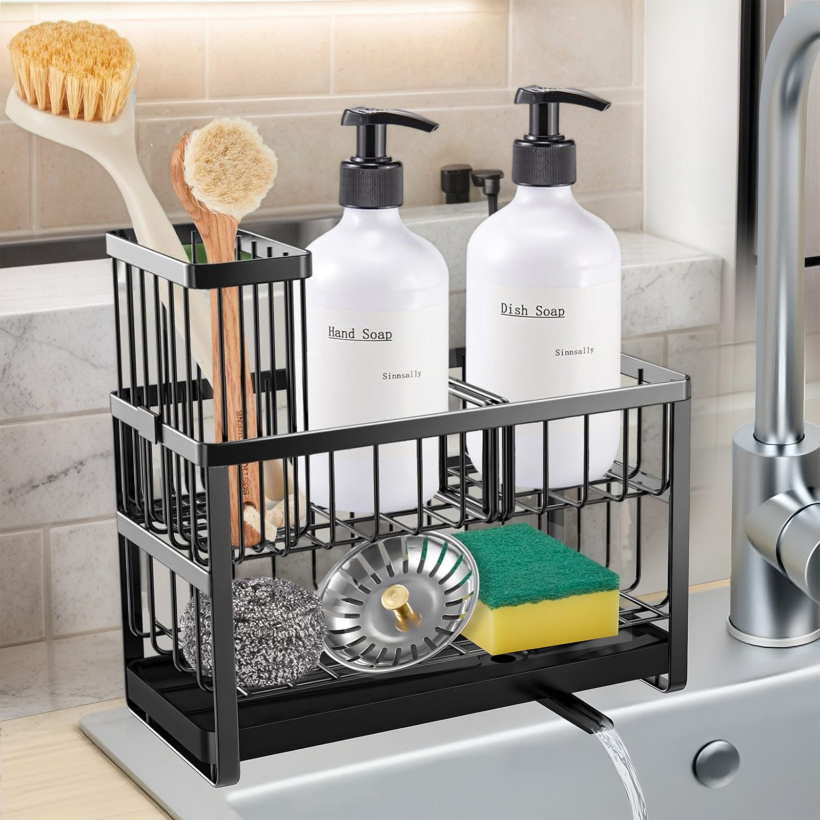 BlingBin Küchenorganizer-Set Spülbecken-Organizer Schwammhalter mit Automatischer Entwässerung, (360° Drehbar Abflussrohr, 1-tlg., Produktabmessungen: 23,5 × 21,3 × 10,5 cm), Abnehmbare Organizer mit Kunststoff Ablaufauslass für Bürsten