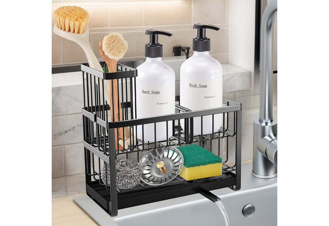 BlingBin Küchenorganizer-Set Spülbecken-Organizer Schwammhalter mit Automatischer Entwässerung, (360° Drehbar Abflussrohr, 1-tlg., Produktabmessungen: 23,5 × 21,3 × 10,5 cm), Abnehmbare Organizer mit Kunststoff Ablaufauslass für Bürsten