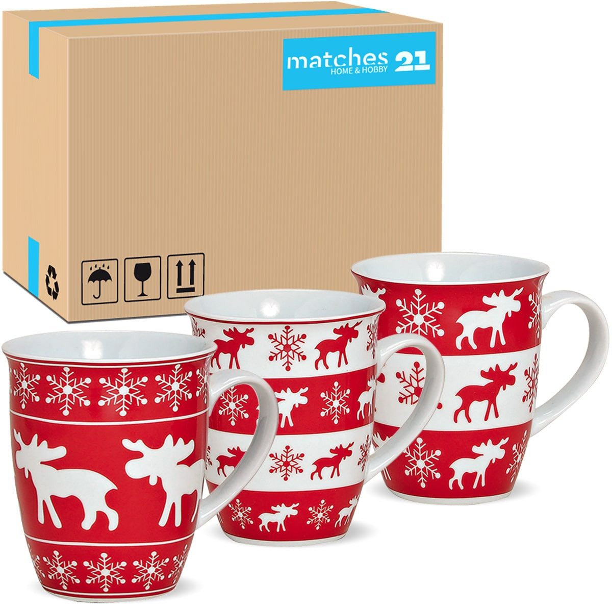 matches21 HOME & HOBBY Tasse Weihnachtstassen 36er Set Skandi Elche gestreift Kaffeetassen, 36-tlg., Porzellan, Tee Kaffee-Becher Weihnachten modern rot weiss 250 ml
