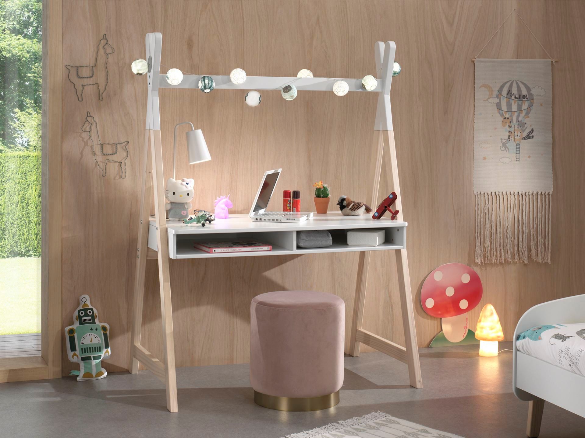58 aufm Kessel Schreibtisch Arbeitstisch Karilynn 116x75x160 Computertisch MDF+Massivholz Weiß (inkl. Versand, Lieferung bis Verwendungsstelle), Kinderschreibtisch mit Karyn-Zelt Optik, geräumige Ablagefächer,stabil