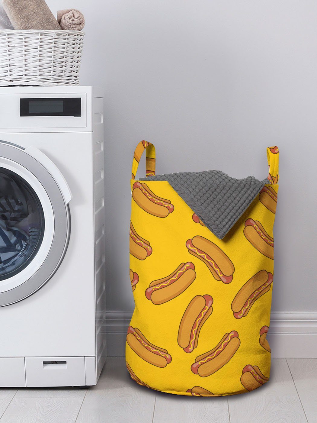 Leckeres Hotdog Essen Kordelzugverschluss Wäschekorb mit Wäschesäckchen Griffen für Einfaches Abakuhaus Waschsalons, Doodle