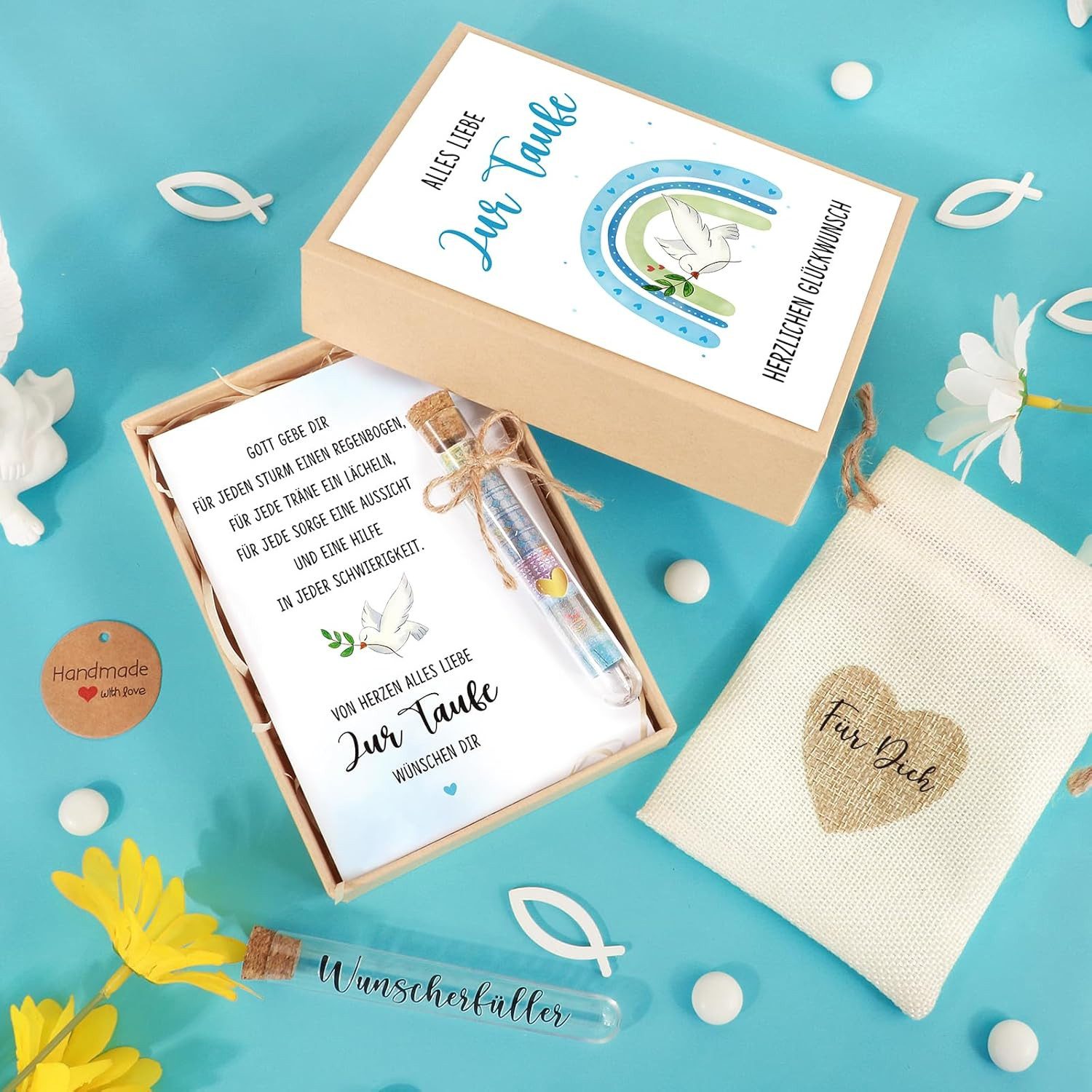 Wiladu Spardose Taufe Geschenkbox Taufgeschenk Reagenzglas Jutesäckchen