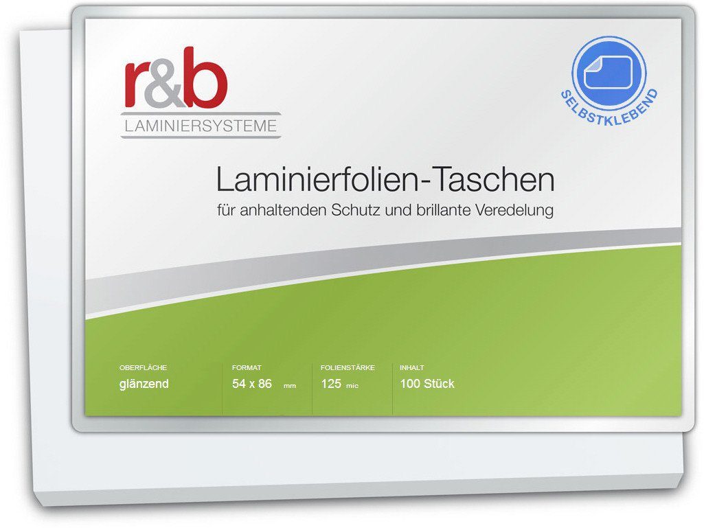 r&b Laminiersysteme Laminierfolie Laminierfolien Credit Card, 2 x 125 mic, glänzend, selbstklebend, 125 µm, glänzend, 100 St., 2x125 µm, glänzend, selbstklebend & für Heißlamination