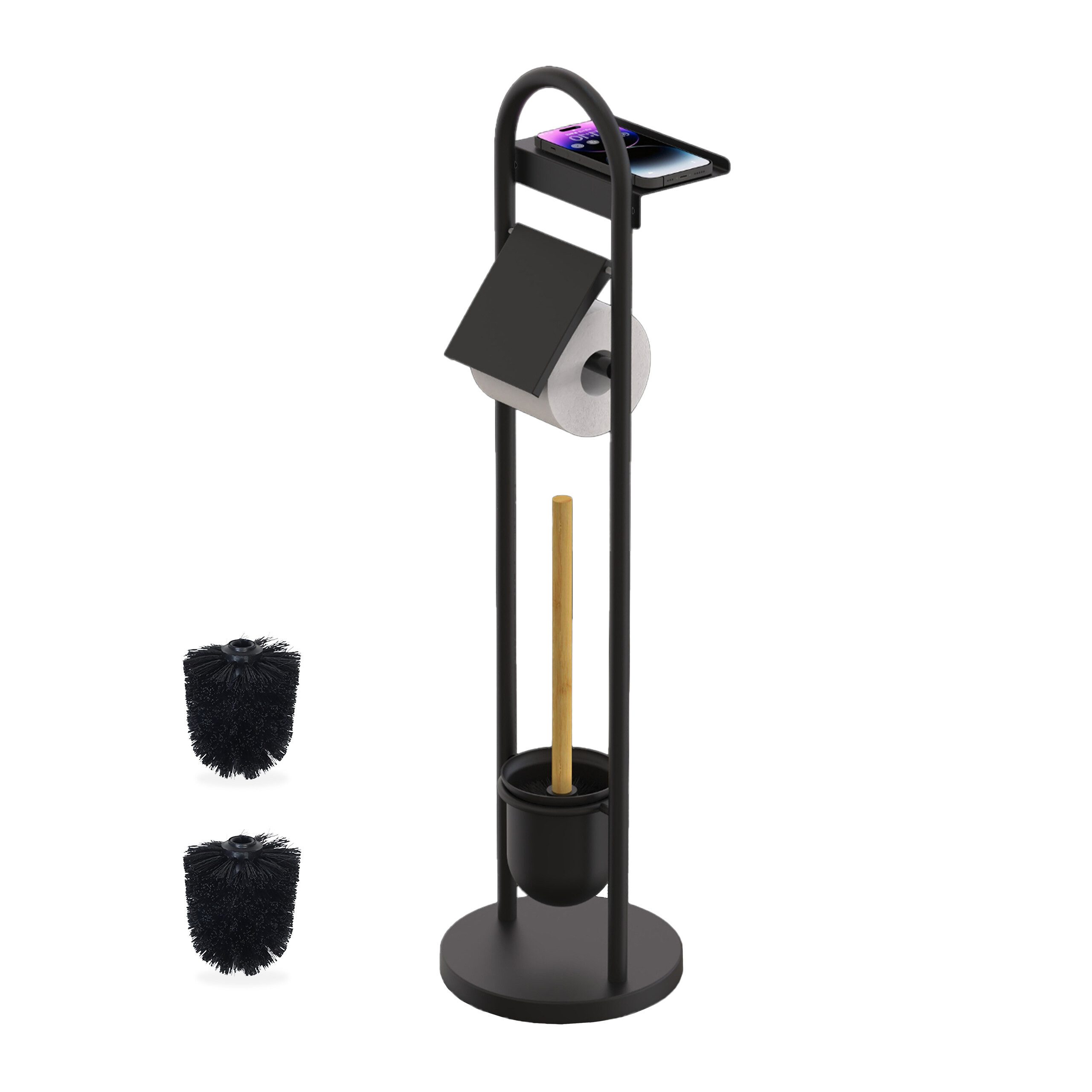 relaxdays WC-Garnitur mit Ablage, Smartphones, Feuchttücher, Toilettenpapier, (3-tlg), schwarz