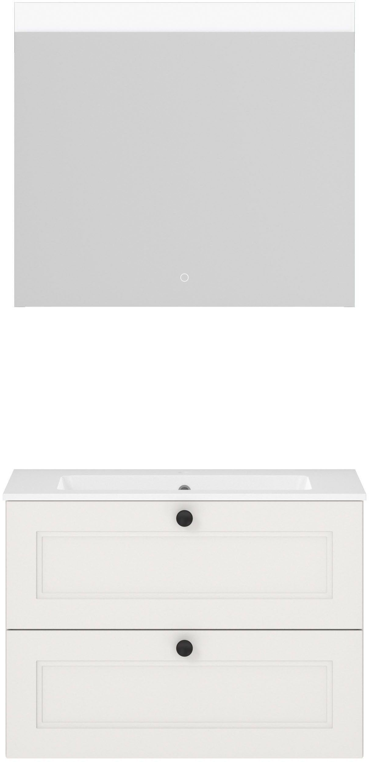 nobilia® Badmöbel-Set Cascada, (Set, 2-St., mit Waschbecken, inkl. beleuchtetem Spiegel mit Touch-Sensor), vormontiert, mit Soft-Close, in vier Breiten
