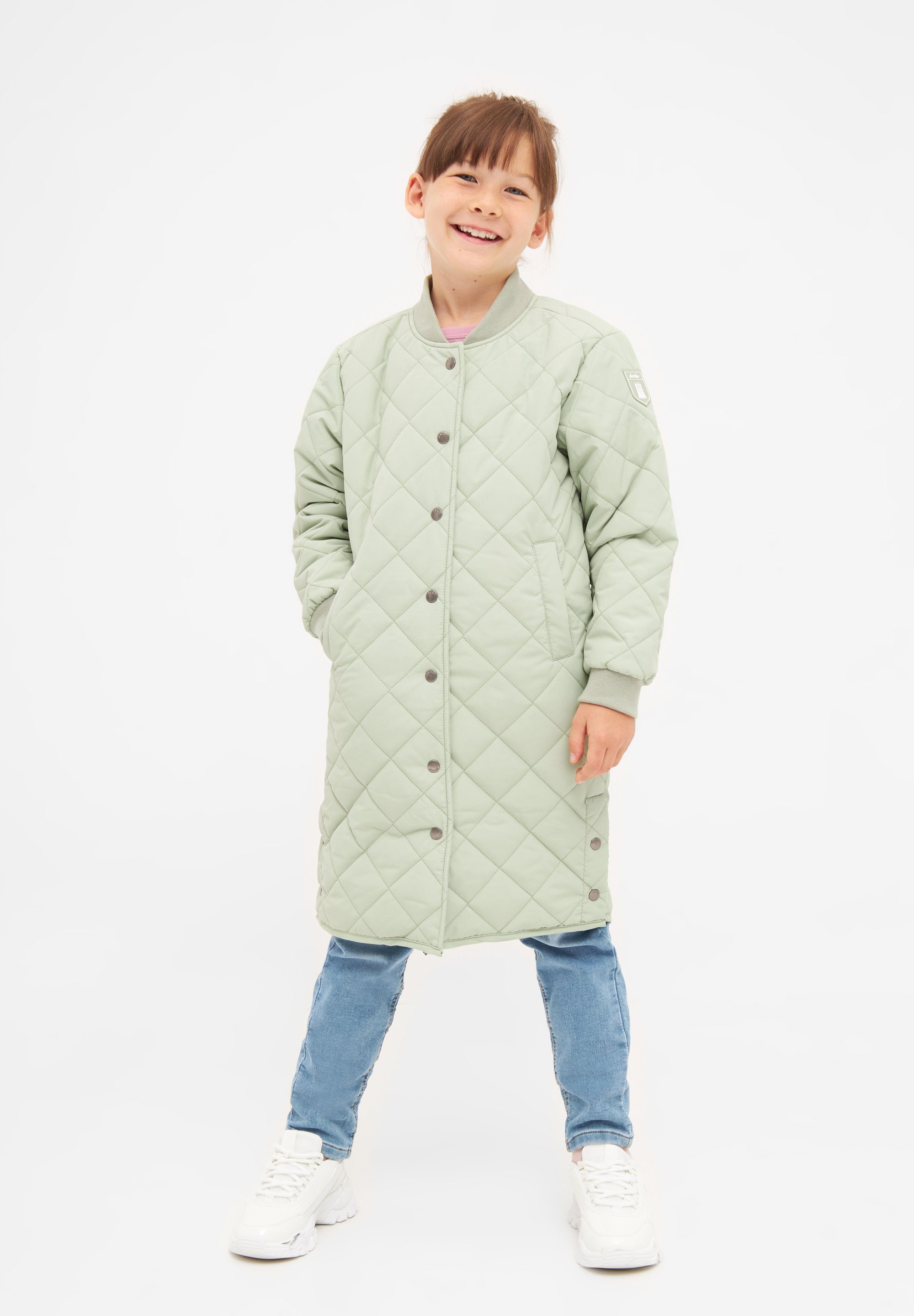 Derbe Steppmantel Quiltby long KIDS - laurel green, Seitliche  Druckknopfleiste