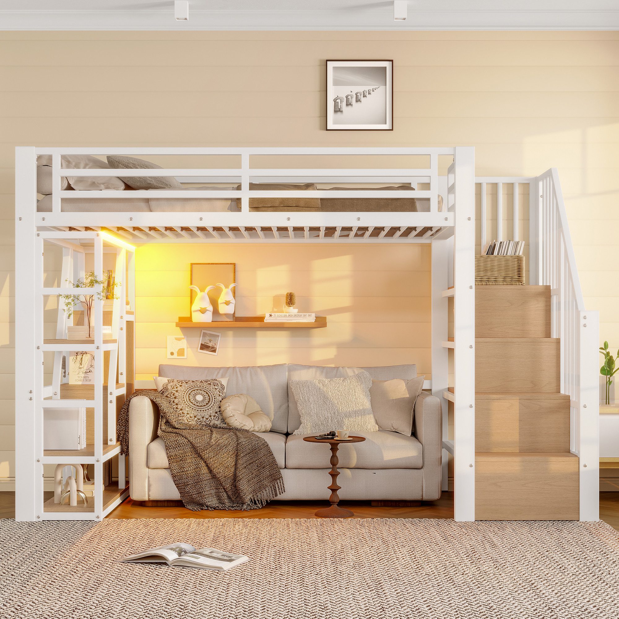 Odikalo Hochbett Metallbett 90x200 140x200 mit Stauraum,LED (Hochbett, 90 x 200 cm, Eisenrahmen, Ablagefach, integrierte Stufen, Schutzgeländer, Leiter, mit LED-Lichtleiste, offener Stauraum unter dem Bett, Matratze nicht im Lieferumfang enthalten)