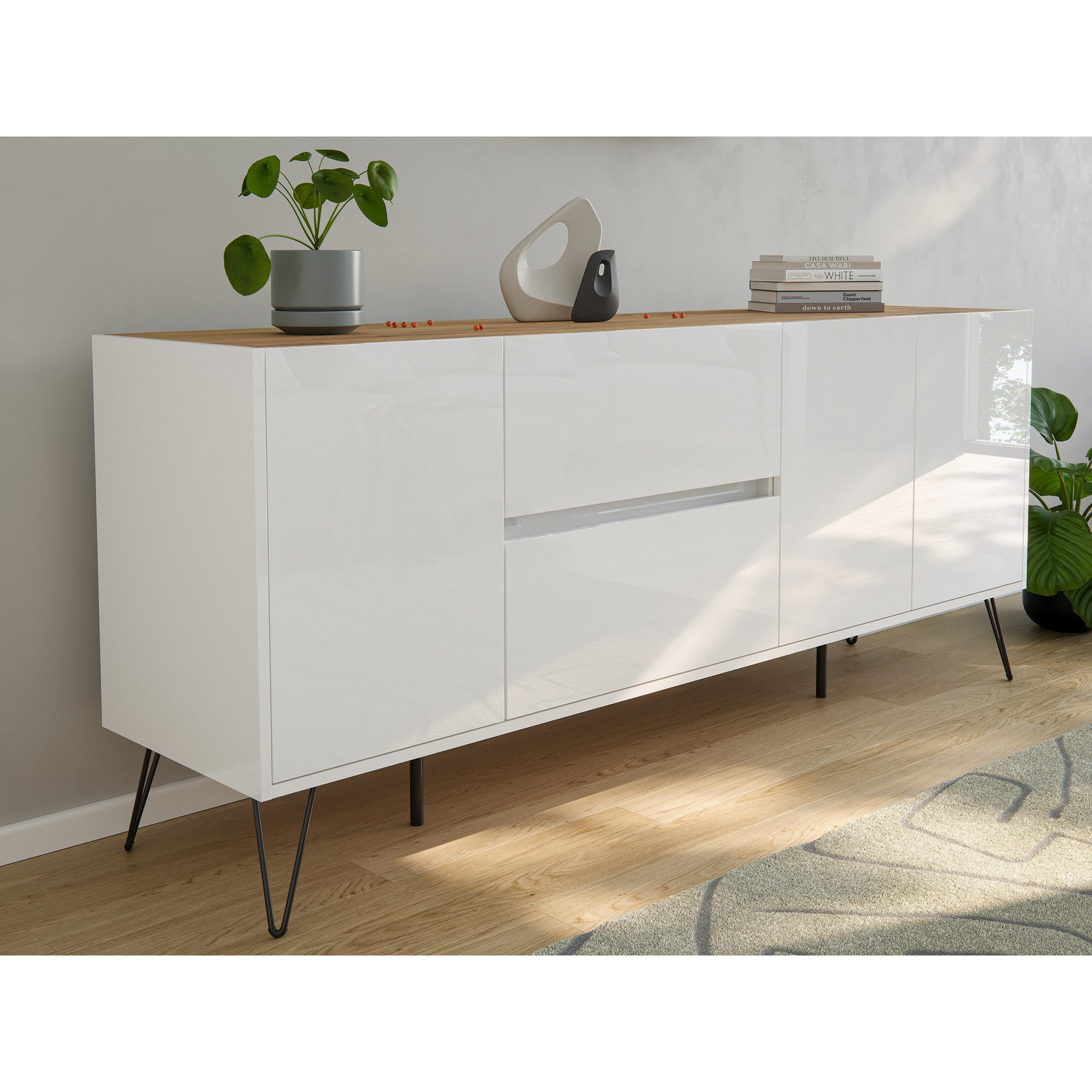 Posseik Sideboard Posseik Sideboard Industrial I 180 cm Weiß/Eiche Top