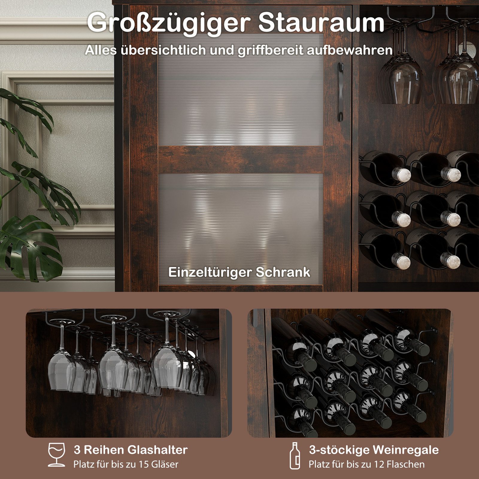 KOMFOTTEU Weinschrank Barschrank mit Beleuchtung, Rollen, Weinregal & Glashalter – Bild 5 von 5