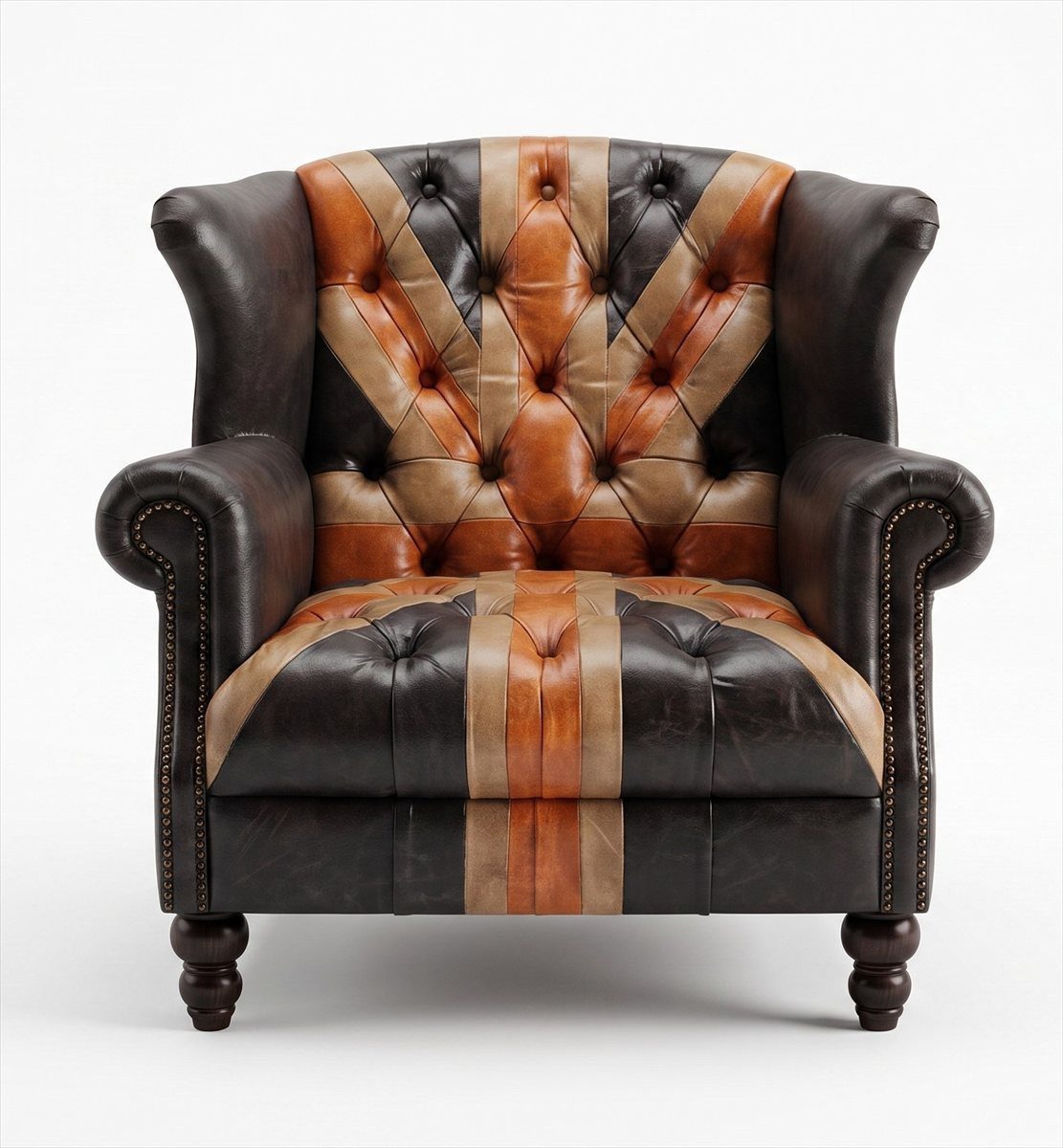 JVmoebel Chesterfield-Sessel Chesterfield Sessel Clubsessel Braun Leder Patchwork British Vintage (1-St., 1-tlg), Britische Flagge Design