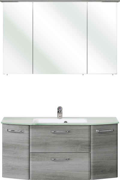 Saphir Badmöbel-Set Quickset 2-teilig, Glaswaschtisch mit LED-Spiegelschrank, 115 cm breit, (2-St), Badezimmer Set inkl. Türdämpfer, 5 Türen, 1 Klappe, 1 Schublade