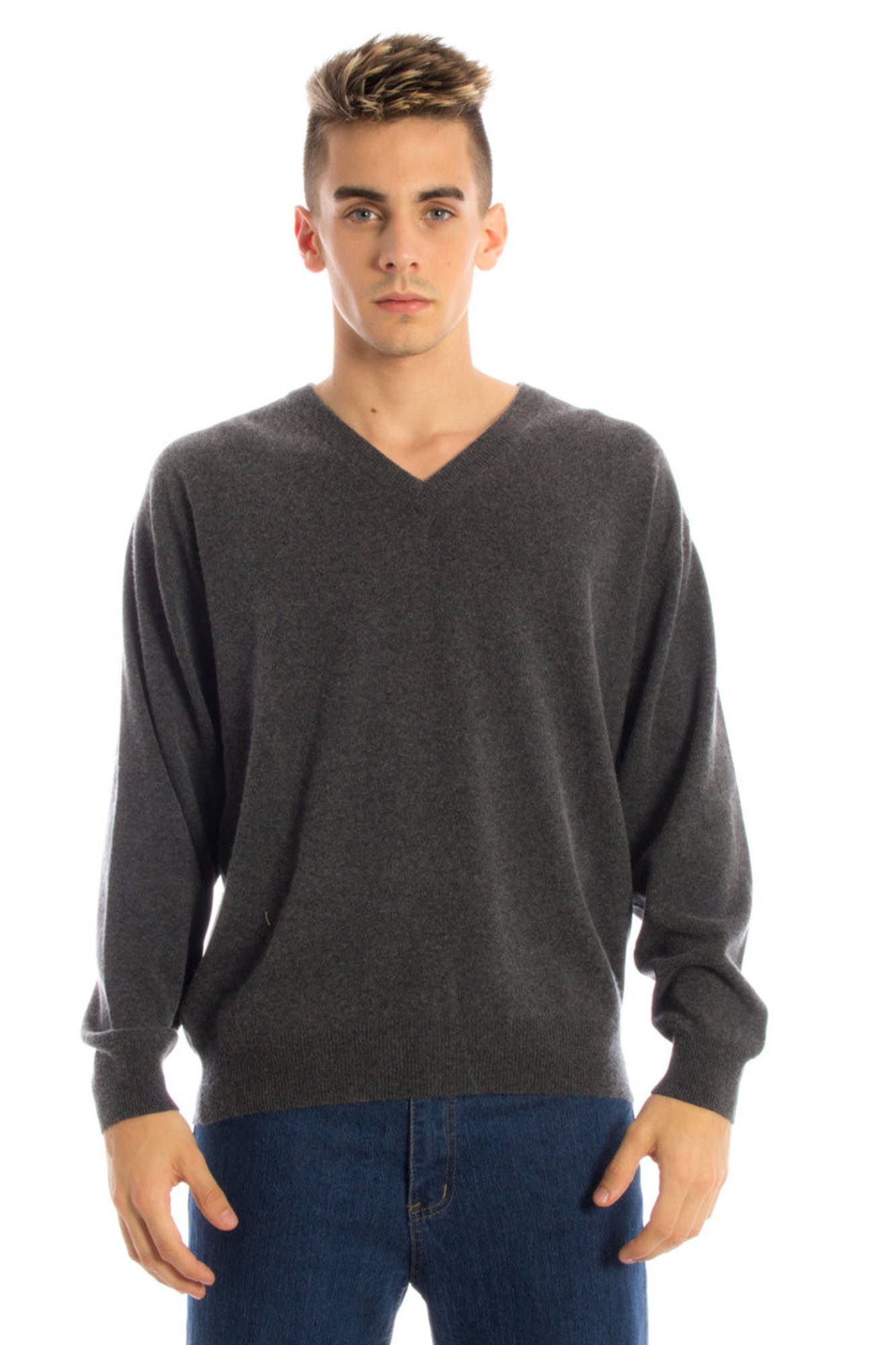 Yuko Strickpullover Elegante Herren-Strickjacke Grau mit V