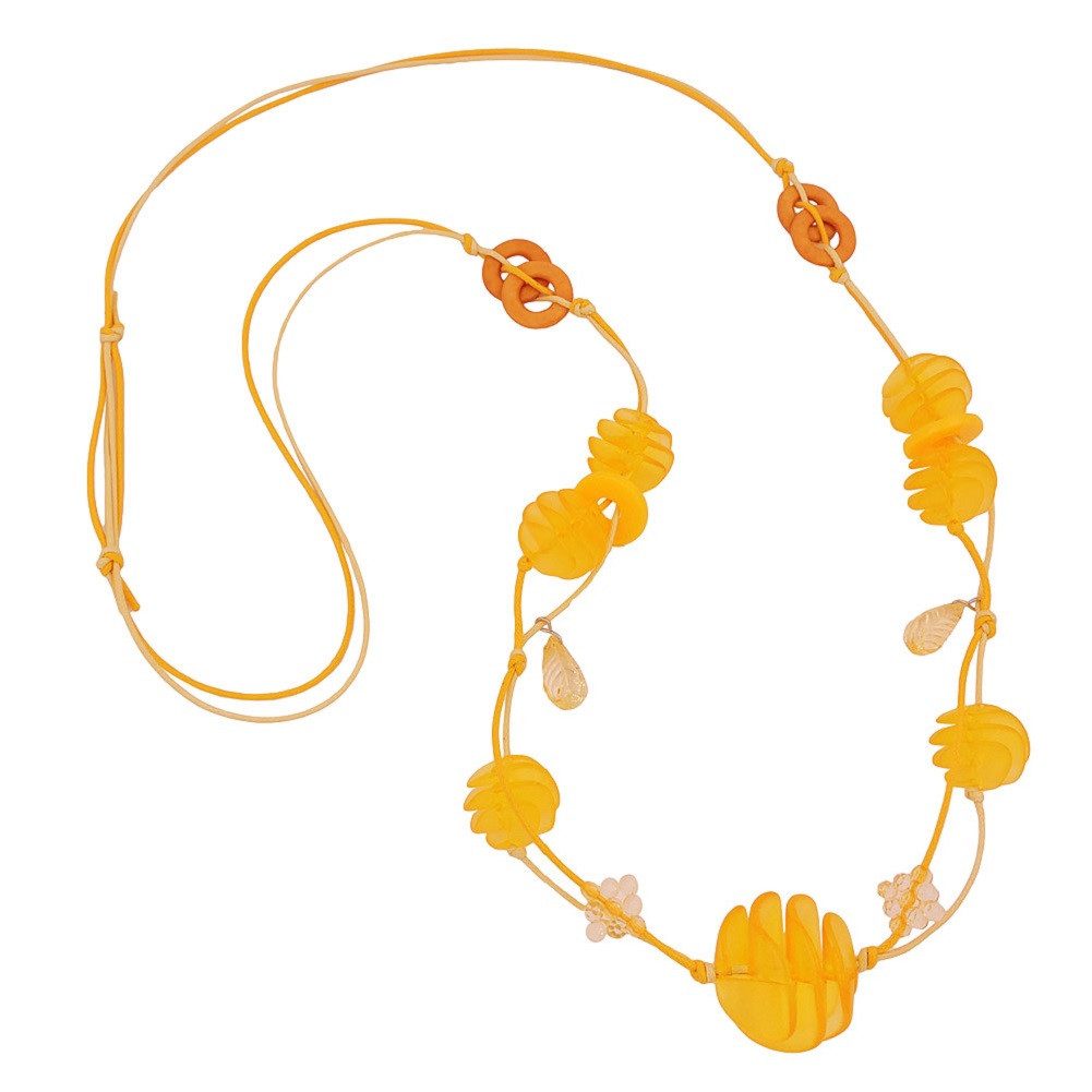 Collier Kette gelbe Spiralperlen Kunststoffperlen Baumwollkordel 100 cm