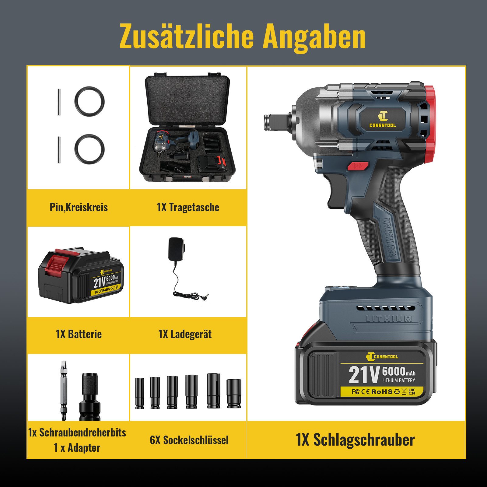 CONENTOOL Akku-Schlagschrauber 21V, (Set, 12-tlg), 2-in-1 günstig online kaufen