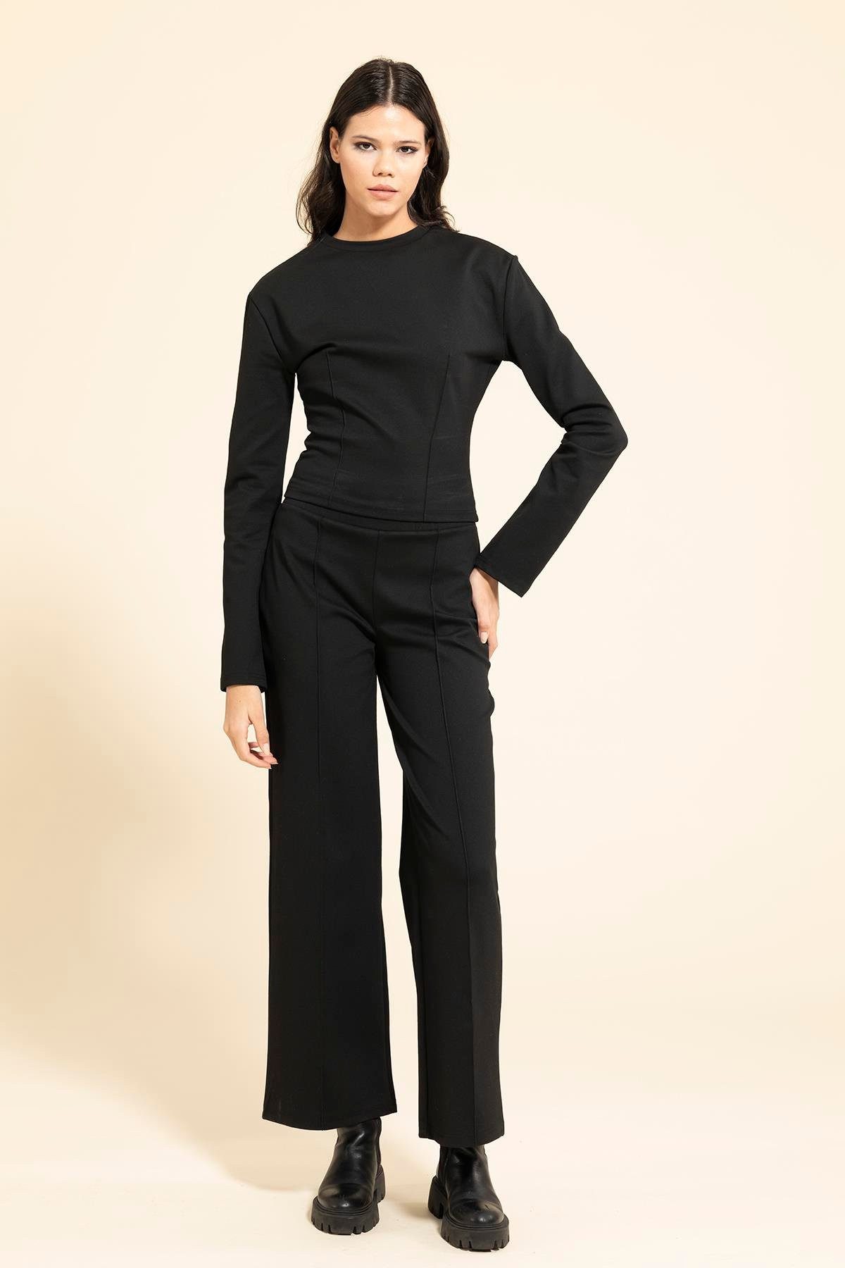 For You Moda Hosenanzug Vorderdetail Schwarzes Co-ord Set