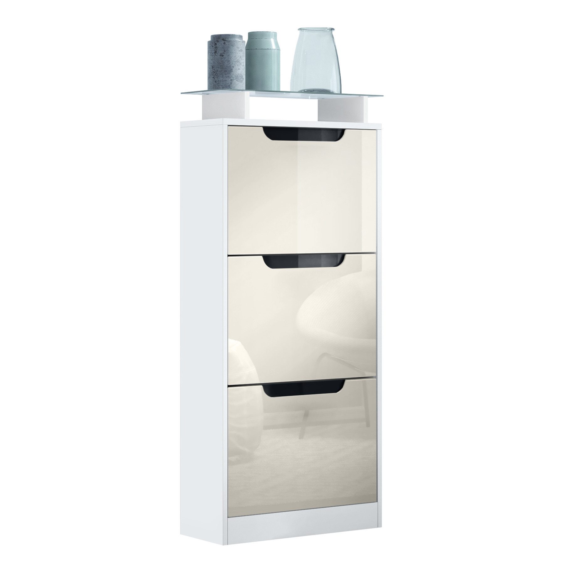 Vladon Schuhschrank Space V2 (Schuhkipper, für 12 Paar Schuhe mit 3 Klappen und Glasablage) Weiß matt/Creme Hochglanz (46 x 128 x 23 cm)