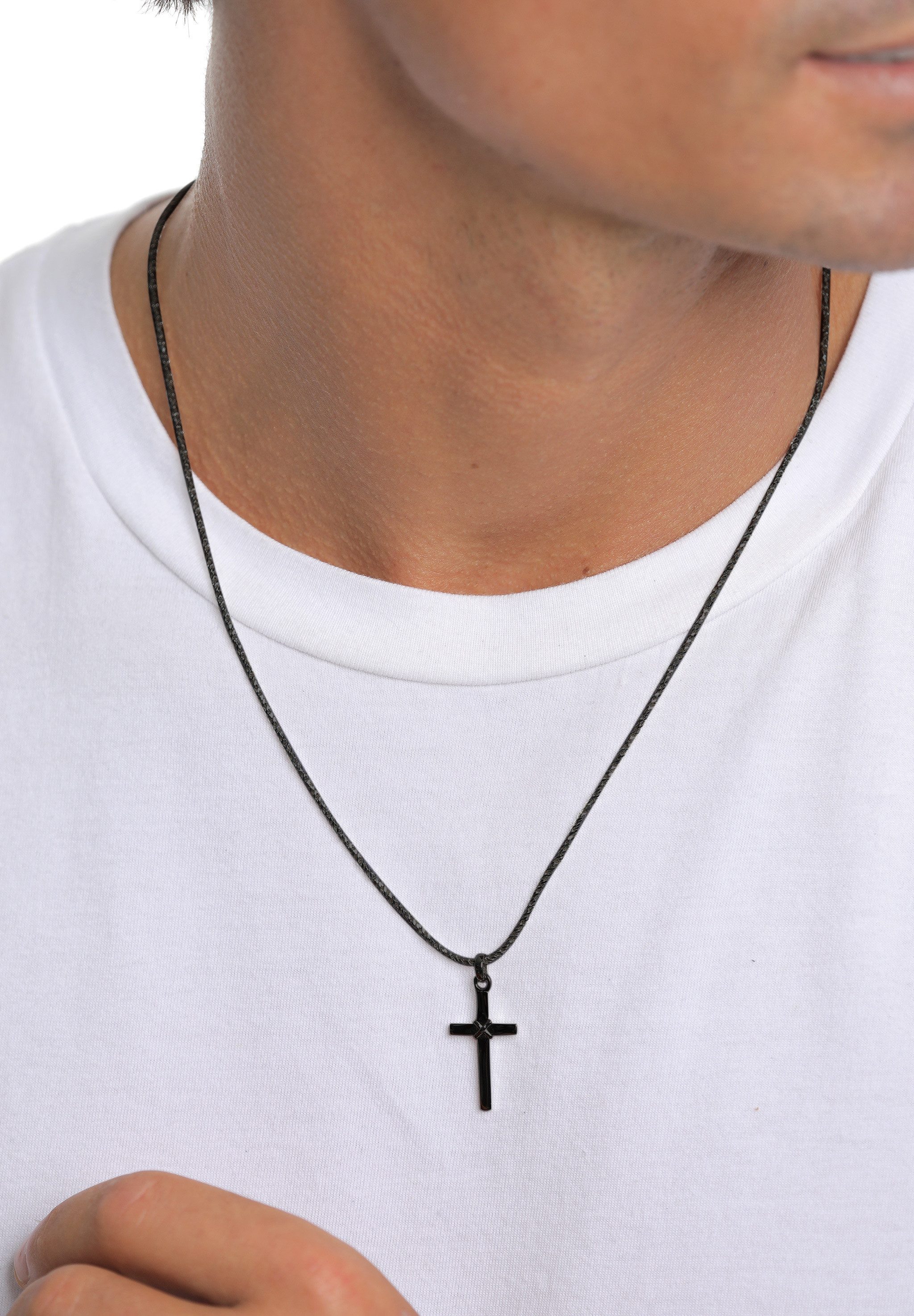 Kuzzoi Kette mit Anhänger Herren Kreuz Flach Kordelkette 925 Silber, Kreuz