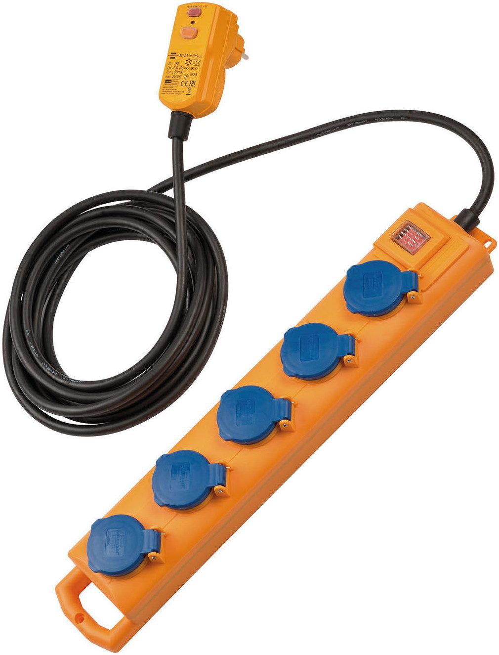 Brennenstuhl Super-Solid SL 554 DE FI IP54 5-fach 5m H07RN-F 3G1,5 Steckdosenverteiler 5-fach (Ein- / Ausschalter, Schalterbeleuchtung, Kabellänge 5 m)